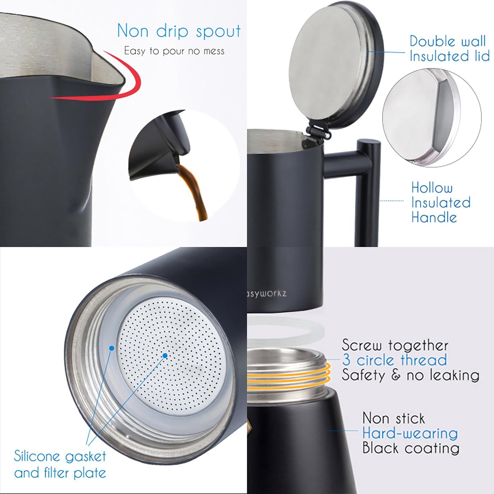 Easyworkz Diego Stovetop Espresso Maker Stal nierdzewna Włoski ekspres do kawy 12 filiżanek 520 ml Moka Pot Indukcyjny Espresso Pot - Matowa czerń