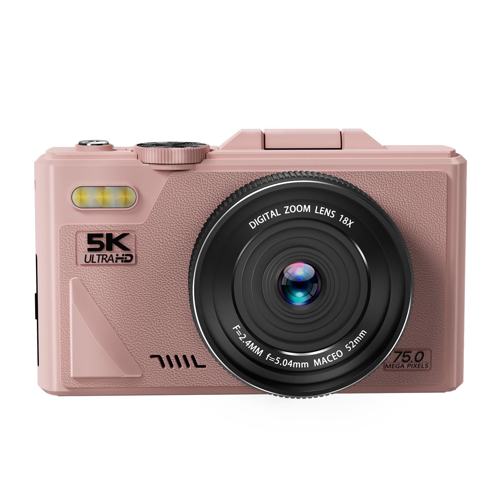XUMIUZIY Fotocamera Digitale 5K, Fotocamera Mirrorless Ultra HD da 75 MP con Zoom 18X e Messa a Fuoco Automatica con Schermo Flip da 3 Pollici, Supporto per Digitale retrò (Rosea)
