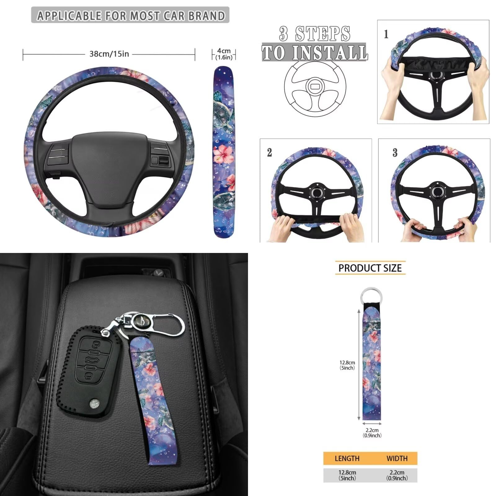 Juego de 15 fundas para volante, cojín para cinturón de seguridad, soporte para gafas de sol, soporte para espejo retrovisor, llavero y accesorios de coche