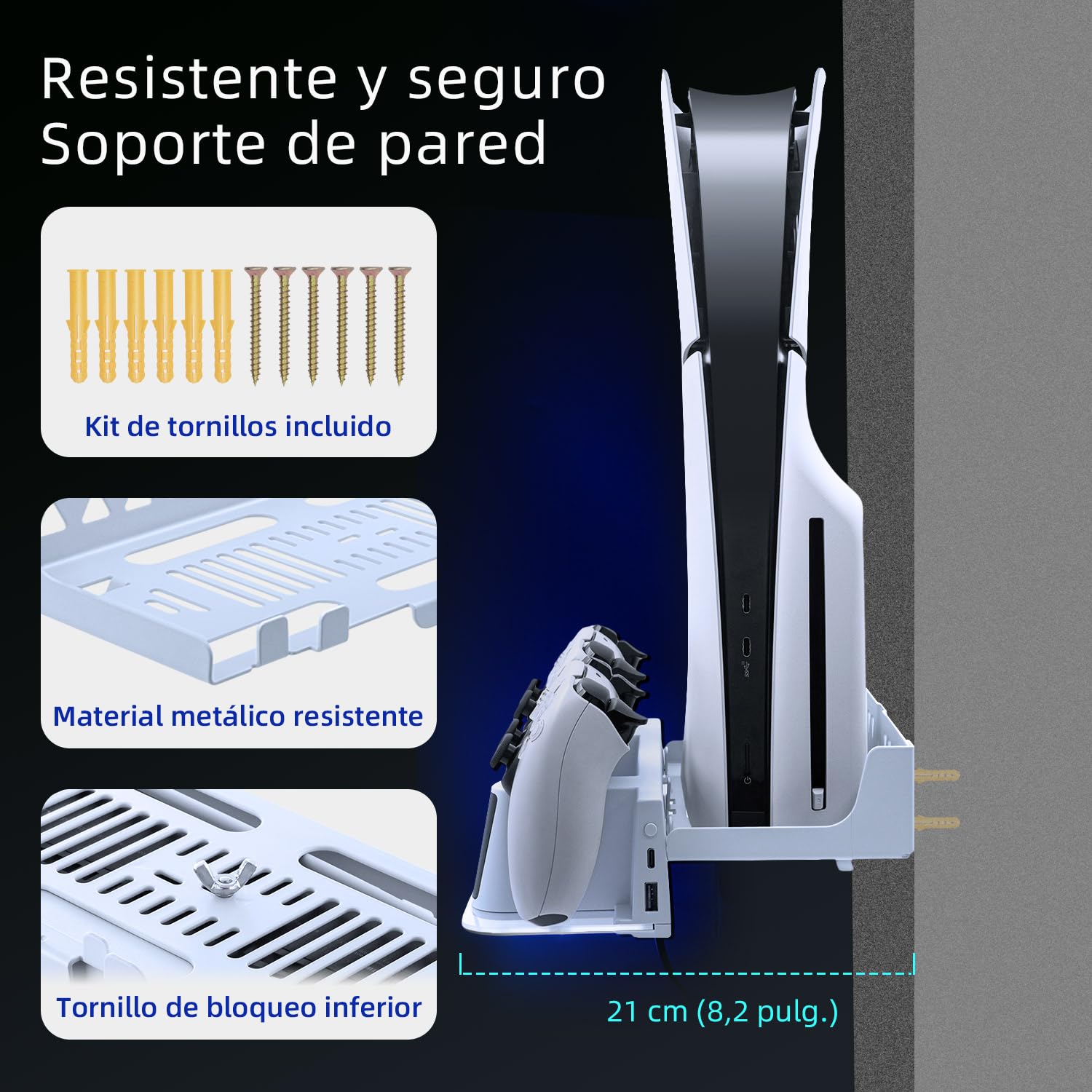 Mcbazel Soporte de pared RGB para consola de juegos PS5 Slim/PS5 Pro/PS5 Estación de Carga Dual para Controladores Montada en la Pared con LED para Playstation 5/PS5 Slim Digital/Disc/PS5 Pro - Blanco