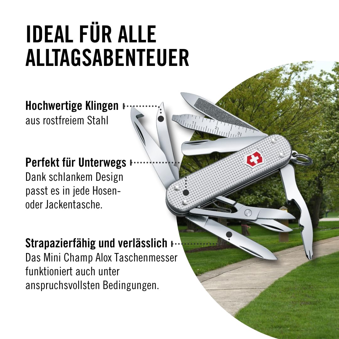 Victorinox Schweizer Taschenmesser Mini Champ Alox, Klein, 15 Funktionen, Swiss Made, Multitool mit Brieföffner, Kapselheber, Drahtabisolierer, Silber