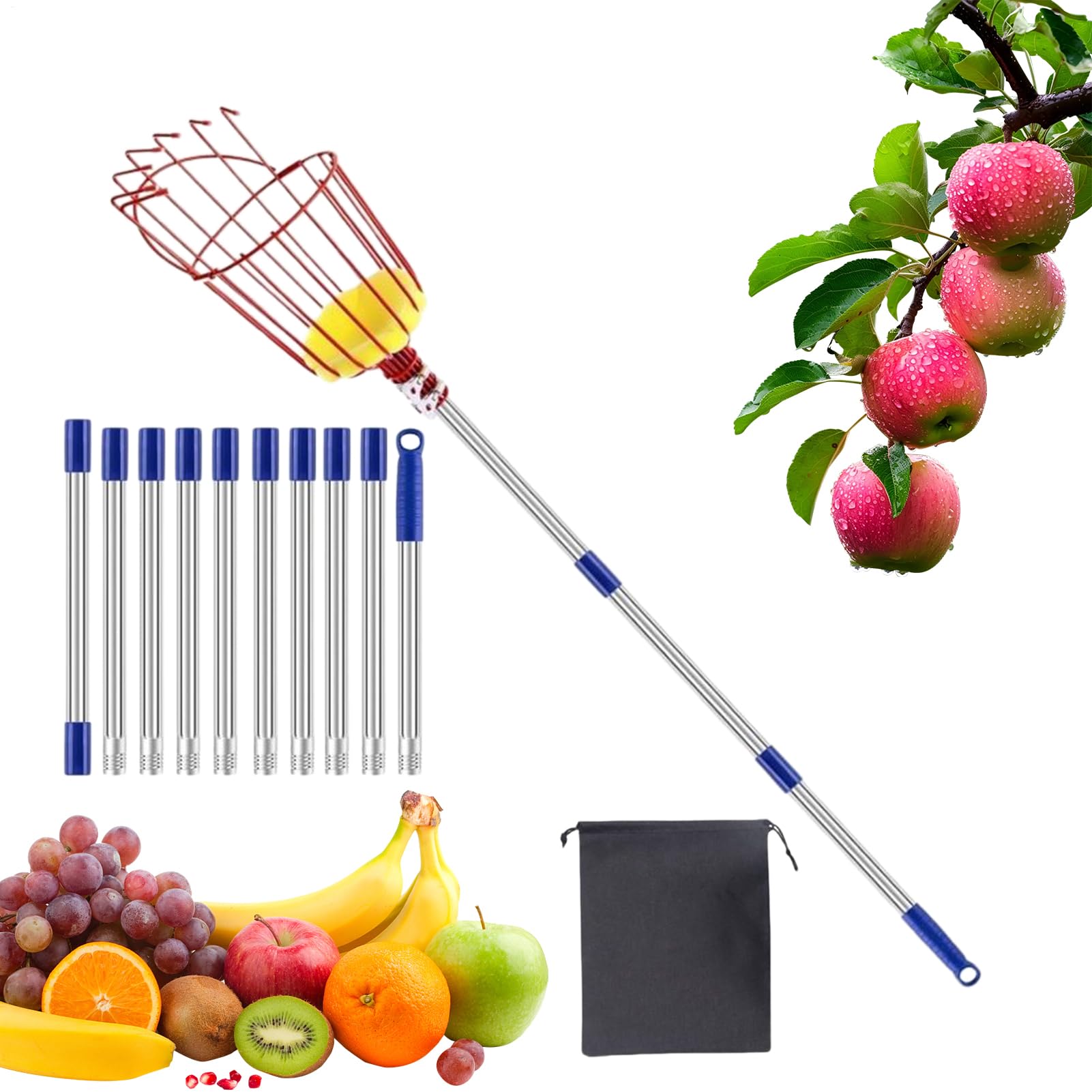 Perche Cueille-Fruits Télescopique avec Panier Portable