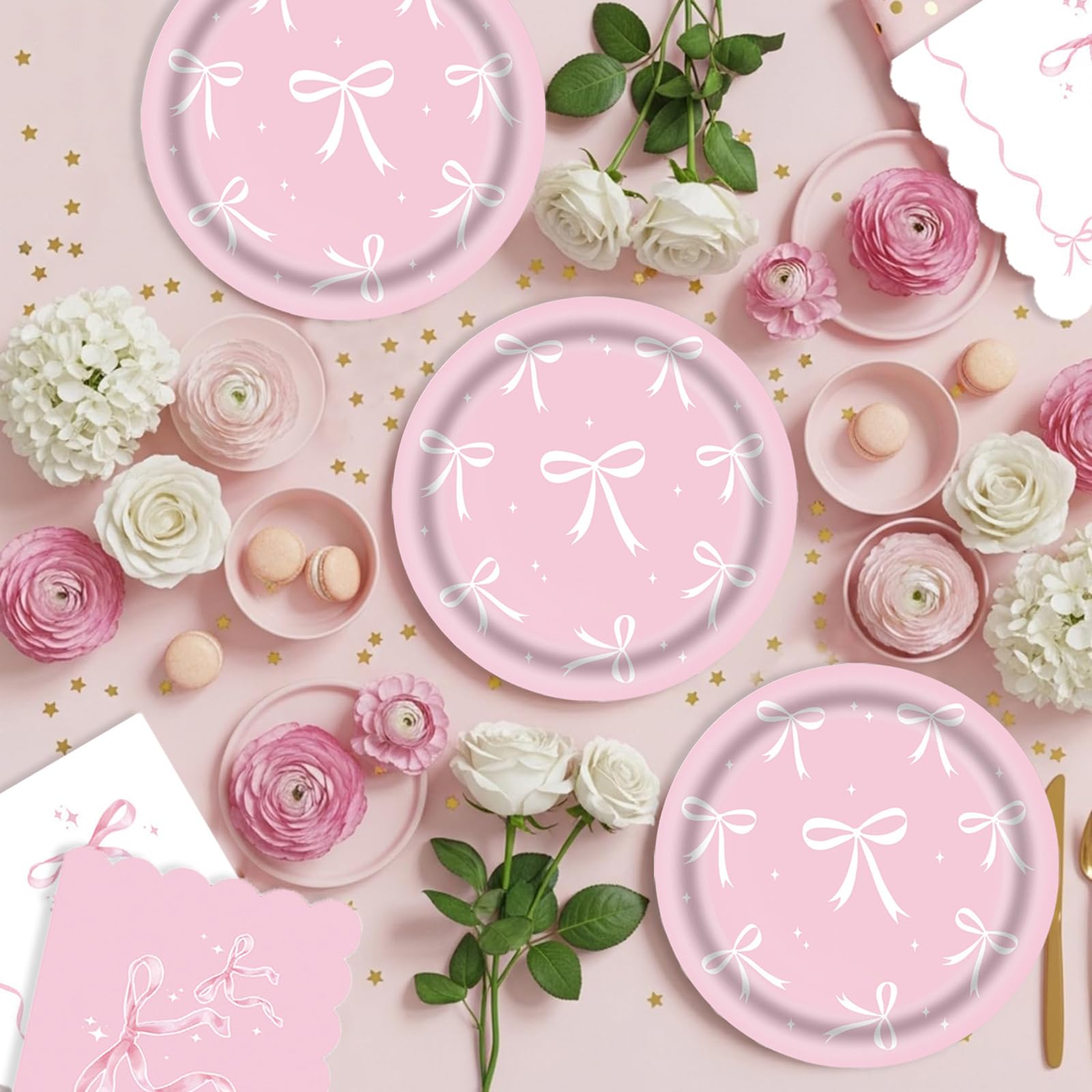 Bikasun Ensemble de vaisselle de fête en forme de nœud rose, assiettes d'anniversaire, gobelets de princesse, assiettes en carton pour fille, femme, anniversaire d'enfant 16 invités