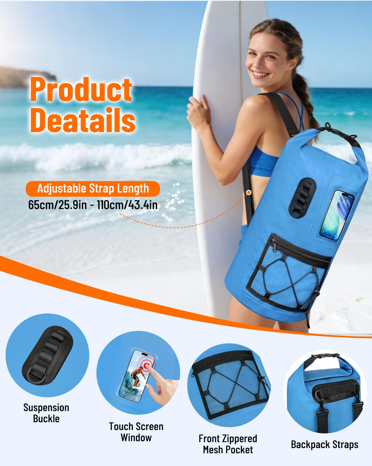 Dry Bag Sacca Impermeabile 20L/30L, Sacca Stagna con Custodia Impermeabile Smartphone, Borsa da Spiaggia Galleggiante e Borse Impermeabili per Nuoto Campeggio Kayak Pesca per Uomini e Donne