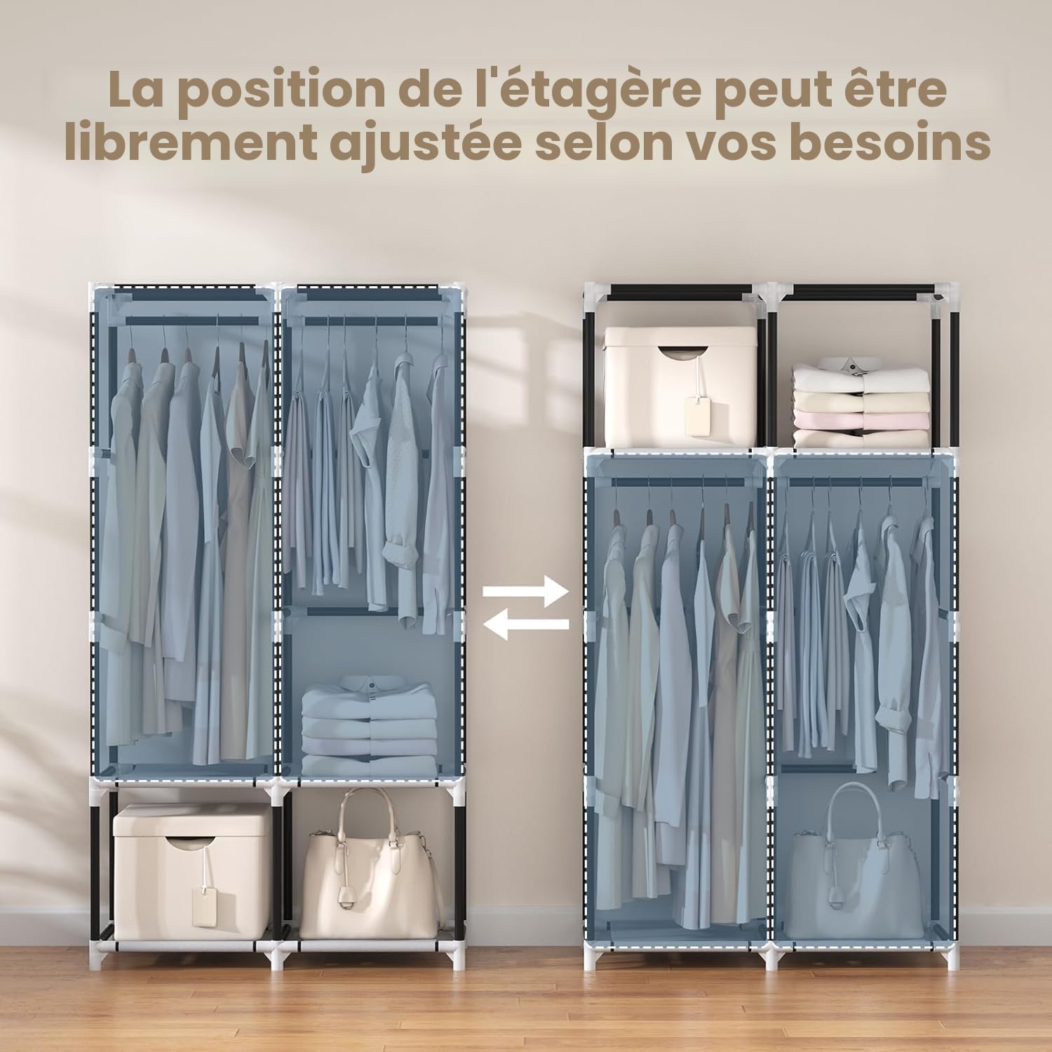 Armoire portable en tissu Vêtements suspendus 4 étagères 2 tringles 6 poches Stable Facile à assembler Couvercle Chambre à coucher Noire