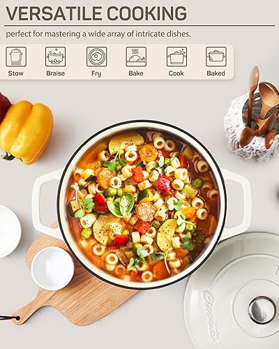 Vista 15 de Olla holandesa de 6 cuartos de galón con tapa, horno holandés de hierro fundido esmaltado para hacer pan, estofar, cocinar, asas dobles, apta