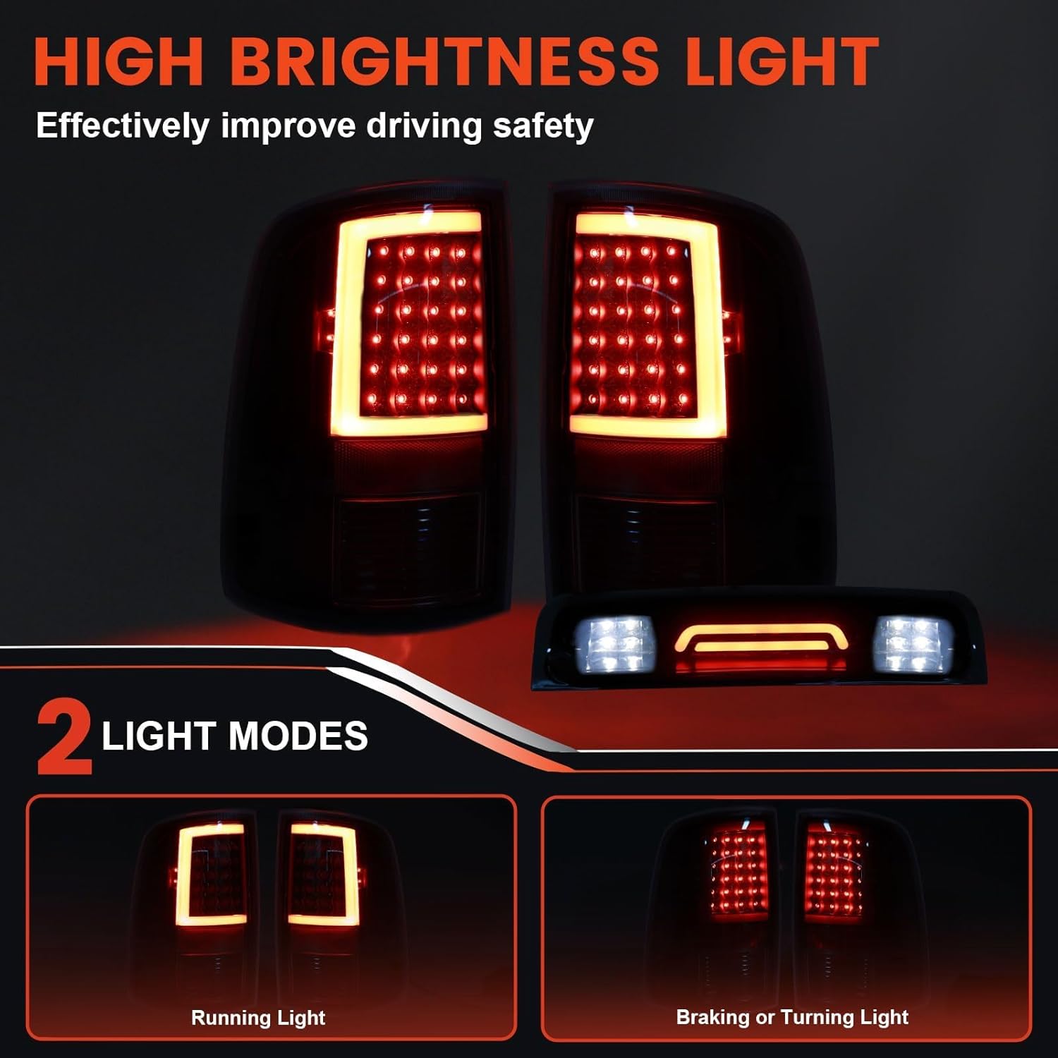 LED Tail Lights with 3rd Brake Light Compatible with 2009-2018 Dodge Ram 1500 2500 3500 Clear Lens Tail lights Smoked Lens Brake Light Brake Rear Lamp Taillights
