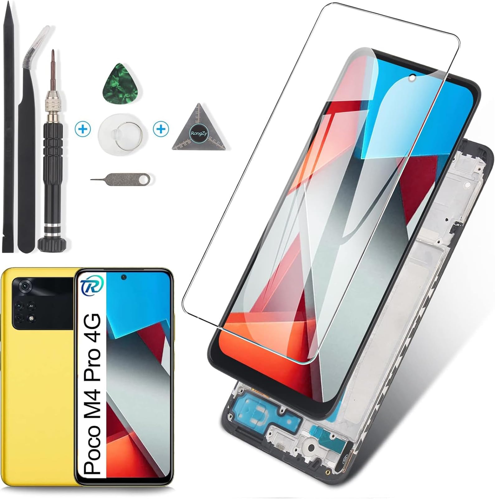 RongZy Display for Xiaomi Poco M4 Pro 4G MZB0B5VIN LCD Screen Replacement Digitizer Touch Screen Assembled Replacement with Tools (Black, with Frame)