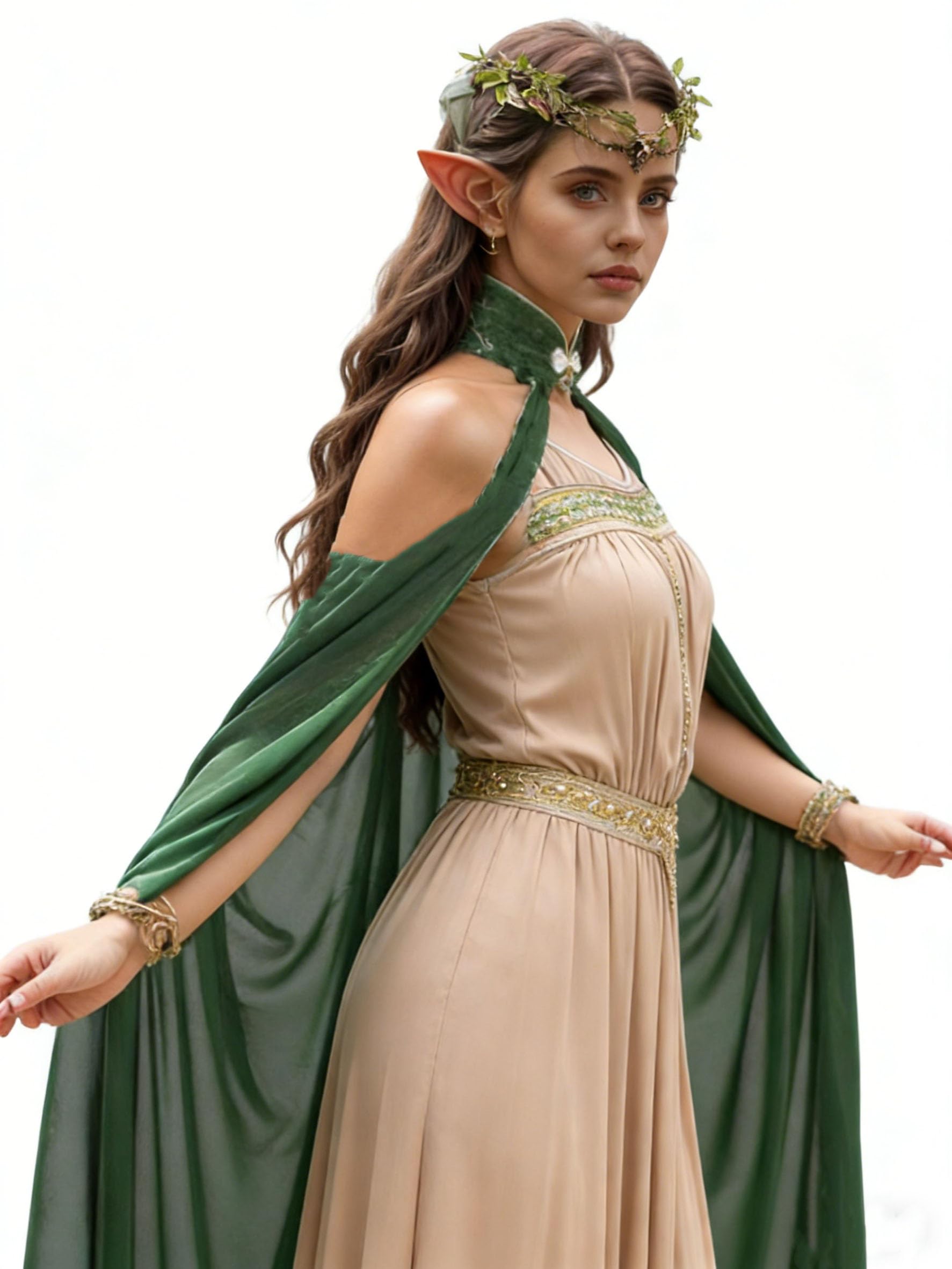 Cape elfique médiévale vintage pour femme, cape elfe de la forêt (couronne d'elfe et oreilles d'elfe incluses)