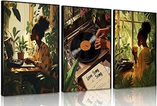 Fashion Black Girl Vinyl Vintage Record Wall Art Set of 3 (12x16inUnframed) | African American Music Song Lover Tropical Jungle Wall Decor for Bedroom Living Room Girls' Dormitory Home Decorative
