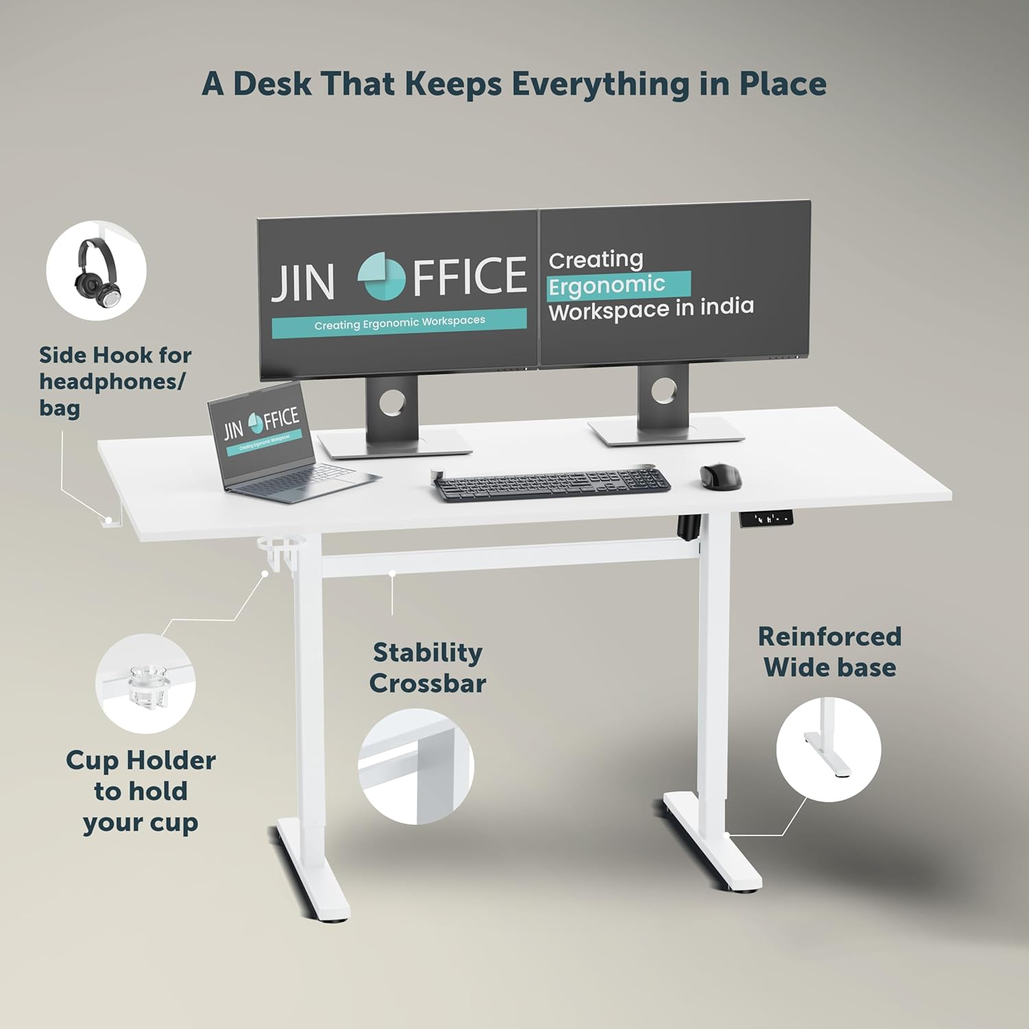 Jin Office Octave Neo Electric Height Adjustable Table| Standing Desk with 80 Kg Wt. Cap, 2 Year Warranty| Sit Stand Ergonomic Table with Memory Preset,Cup Holder| Stability Crossbar|White 1100*600mm 23 71v1UsVoHiL. SL1500