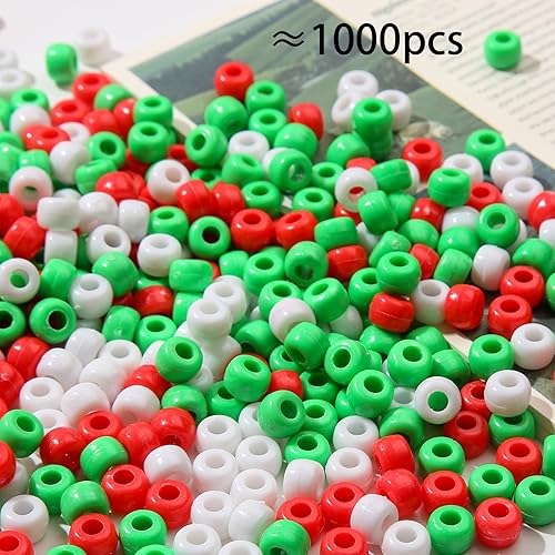 Miniatura 2 de 1000 cuentas de poni de Navidad, cuentas de poni de color rojo, verde y blanco, cuentas Kandi a granel, cuentas de pelo para hacer pulseras (Navidad)