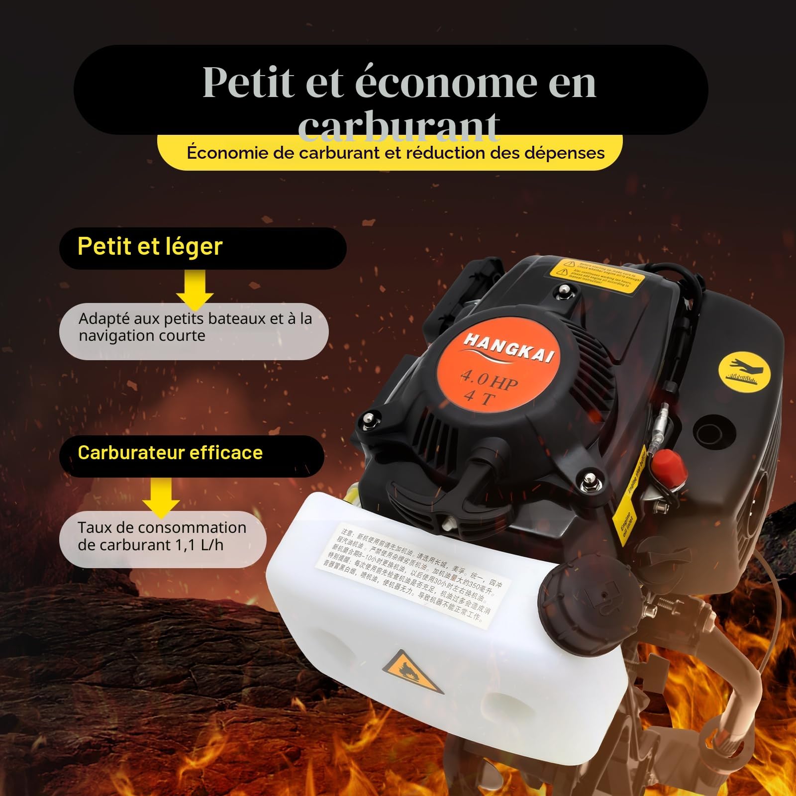 Moteur hors-bord à essence 4 temps 4 CV avec système de refroidissement à eau, allumage CDI, système de refroidissement à eau, vis de serrage de plaque arrière, pour bateaux gonflables, bateaux de