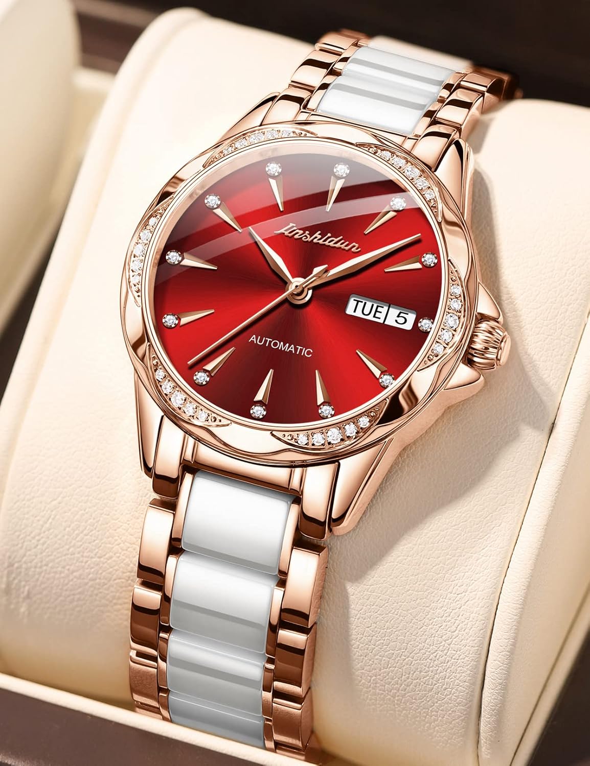 OLEVS Womens Big Face Automatic Watch, Diamond Accented Self Winding Dress Watch for Women, 50M Waterproof Day-Date Sapphire Crystal, Two Tone Stainless Steel Ceramic Band, White/Blue/Green/Red Dial