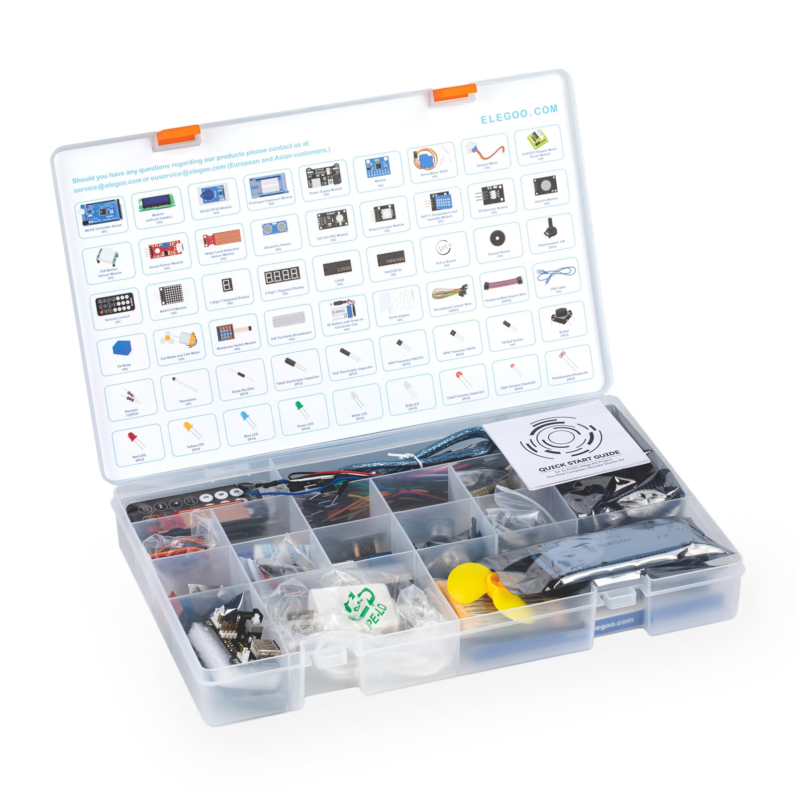 A clear view of the ELEGOO Mega R3 Ultimate Starter Kit's components, showcasing the Mega 2560 board, LCD module, and organized packaging, ready for assembly.