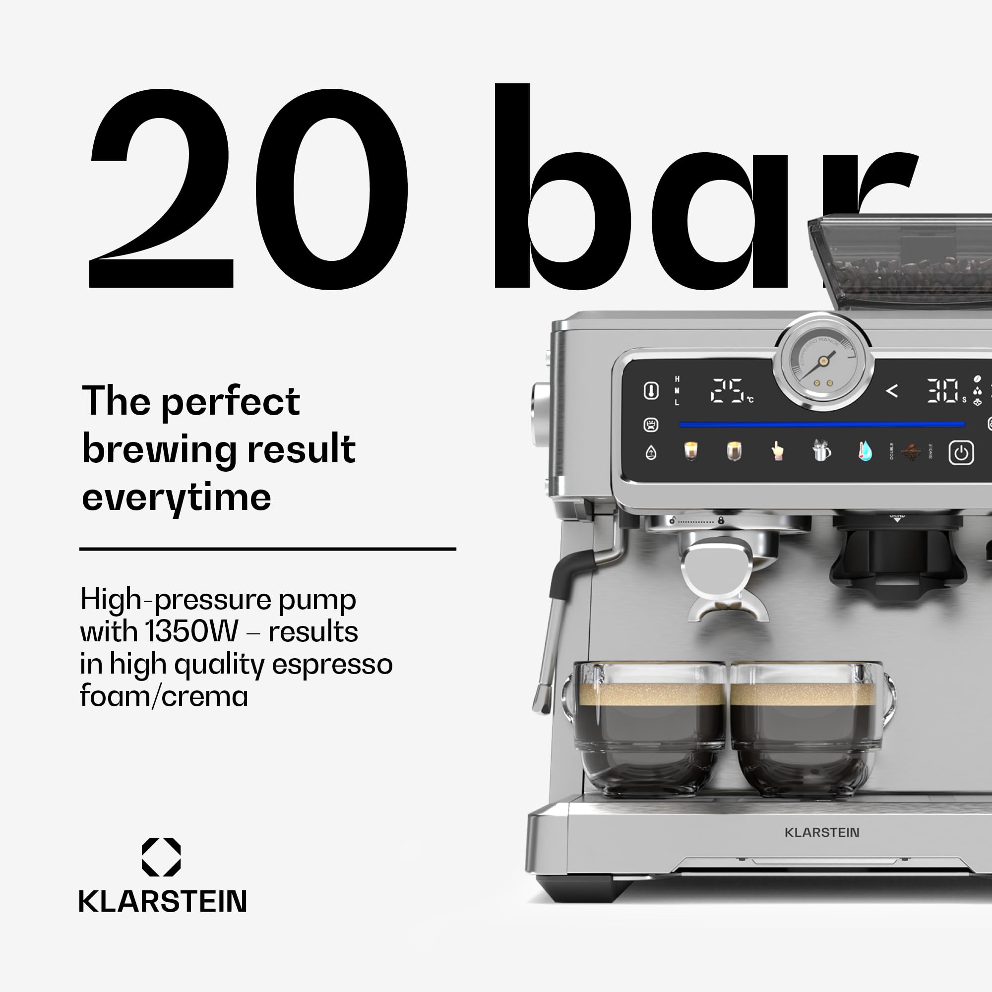 Klarstein GrandPresso Touch Ekspres kolbowy z młynkiem – 20 barów, 1350 W, Zintegrowany precyzyjny młynek, Zbiornik 2,3 l, Ekran dotykowy, Stal nierdzewna, Dysza parowa, Manometr