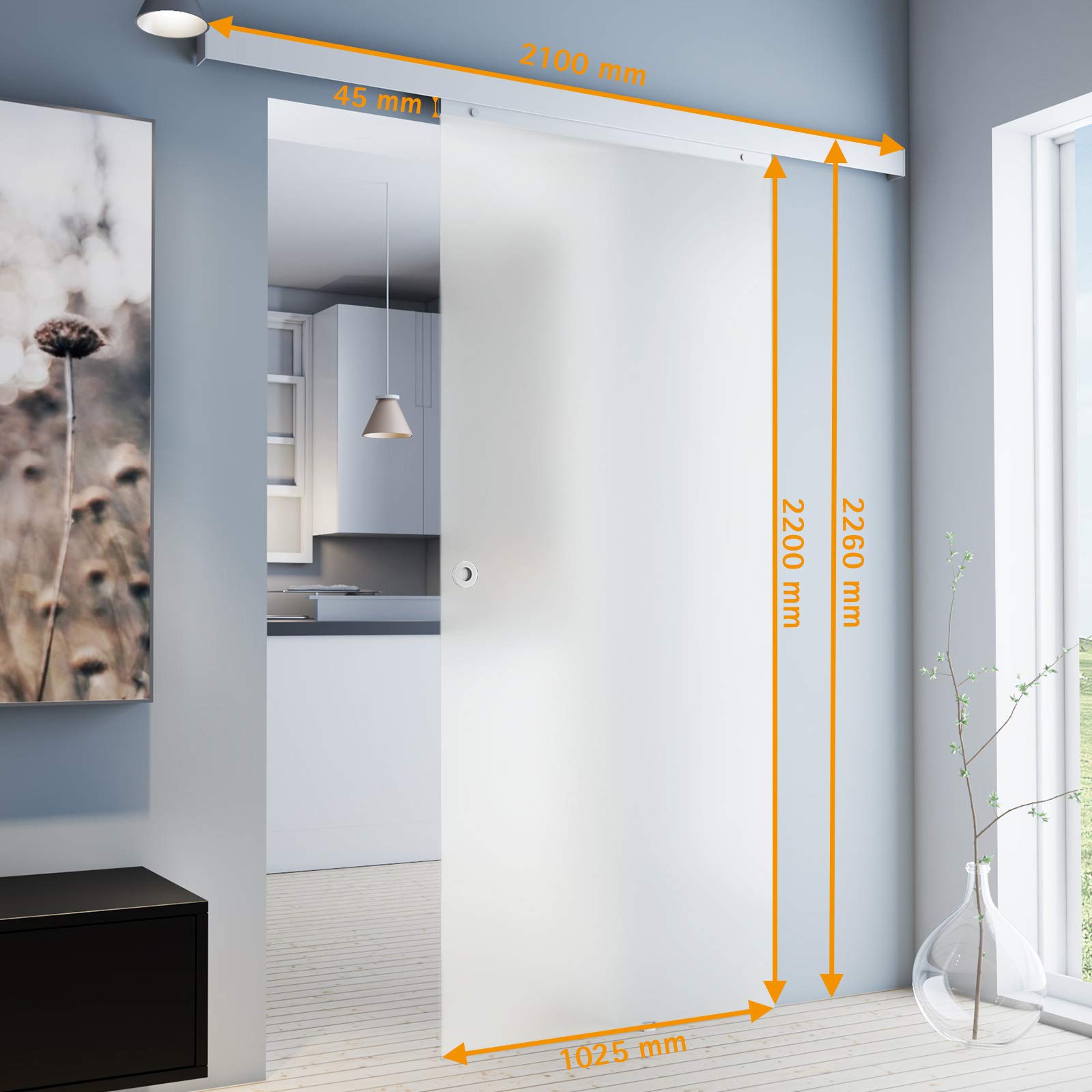 inova Glasschiebetür 1025 x 2200 mm satiniert Alu Komplettset mit Schiebetürbeschlag Laufschiene und Griffmuschel