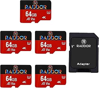 R Raddor Memory Card 64GB 5 Pack with UHS-I L, U3, V30, Class10, high Speed R/S 100MB/s W/S 70MB/s TF Card 4k Video Recording Memory Card with Adapter