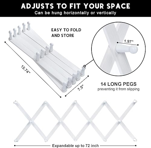 Miniatura 2 de Perchero de pared de madera expandible, diseño de acordeón, 14 ganchos para colgar ropa, sombreros, gorras, bufandas, bolsos, tazas, toallas,