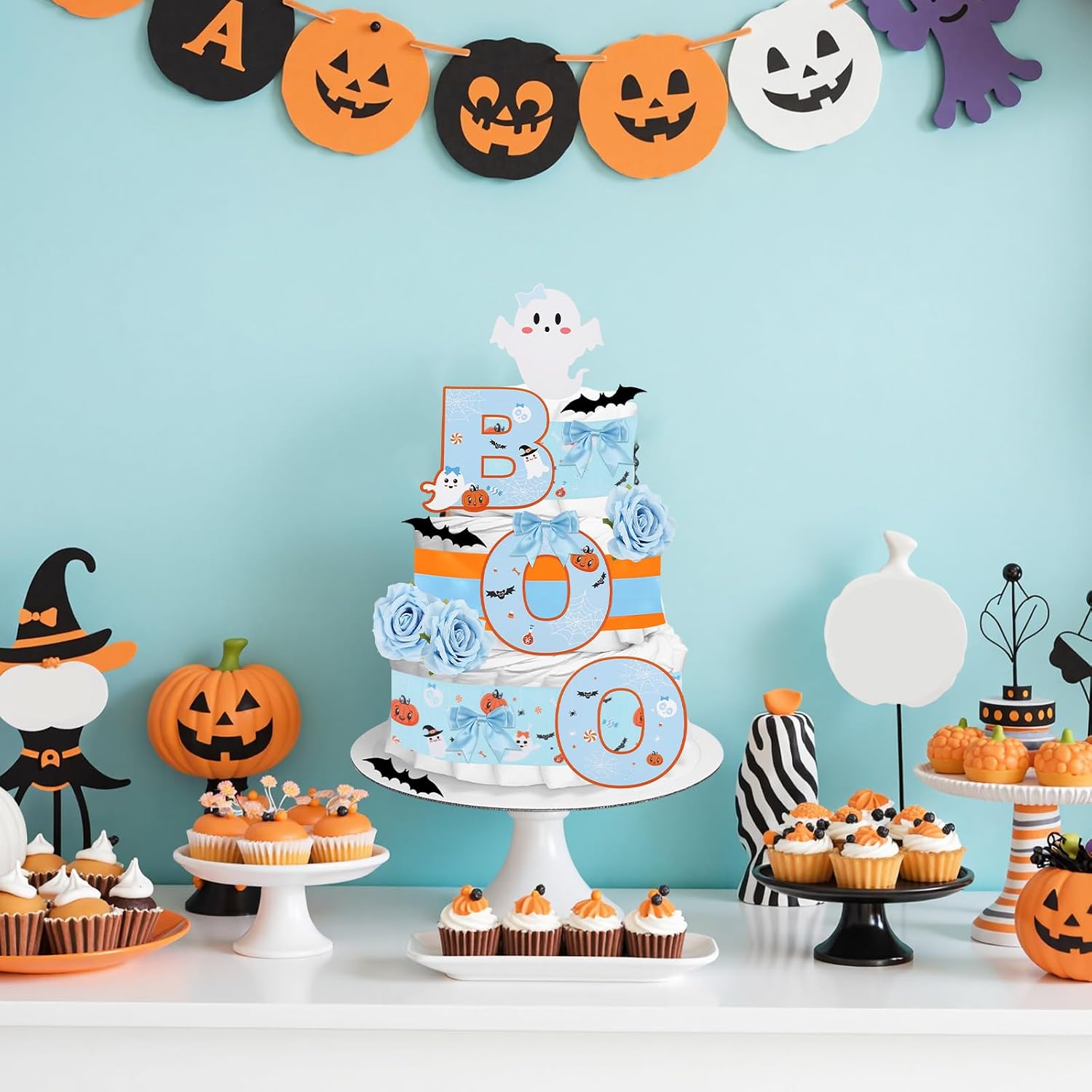 Halloween Baby Shower Diaper Cake Decorations Kit Orange Blue for Birthday Gender Reveal Party, Include Pastel Rainbow Ribbon, Bow Tie, Decor Card, Artificial Flower (Diaper Not Included) image 4