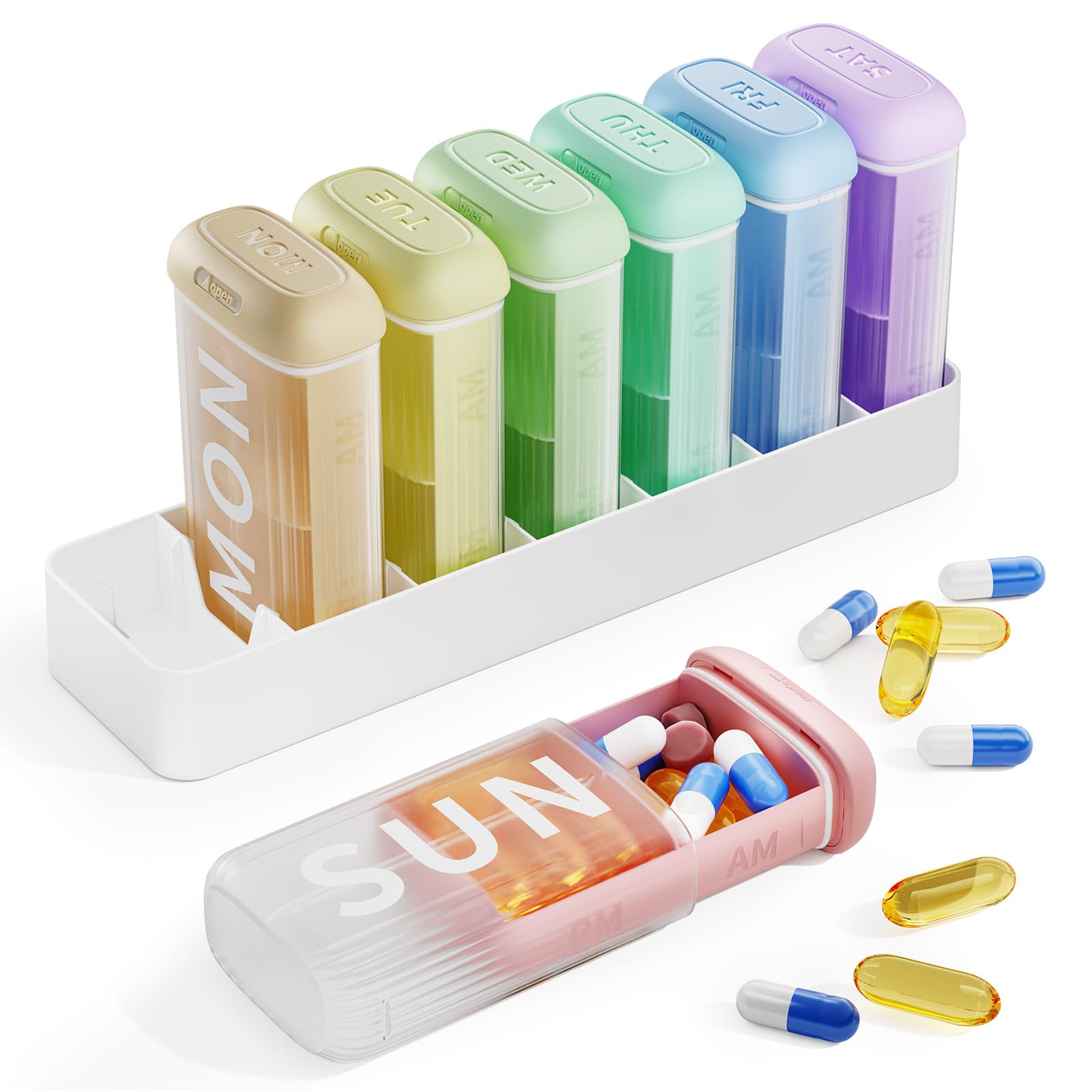 Daviky Pilulier 2 fois par jour, matin et soir, 7 jours avec 7 étuis quotidiens amovibles, pilulier hebdomadaire avec grandes étiquettes imprimées, pilulier de voyage facile à ouvrir pour vitamines et
