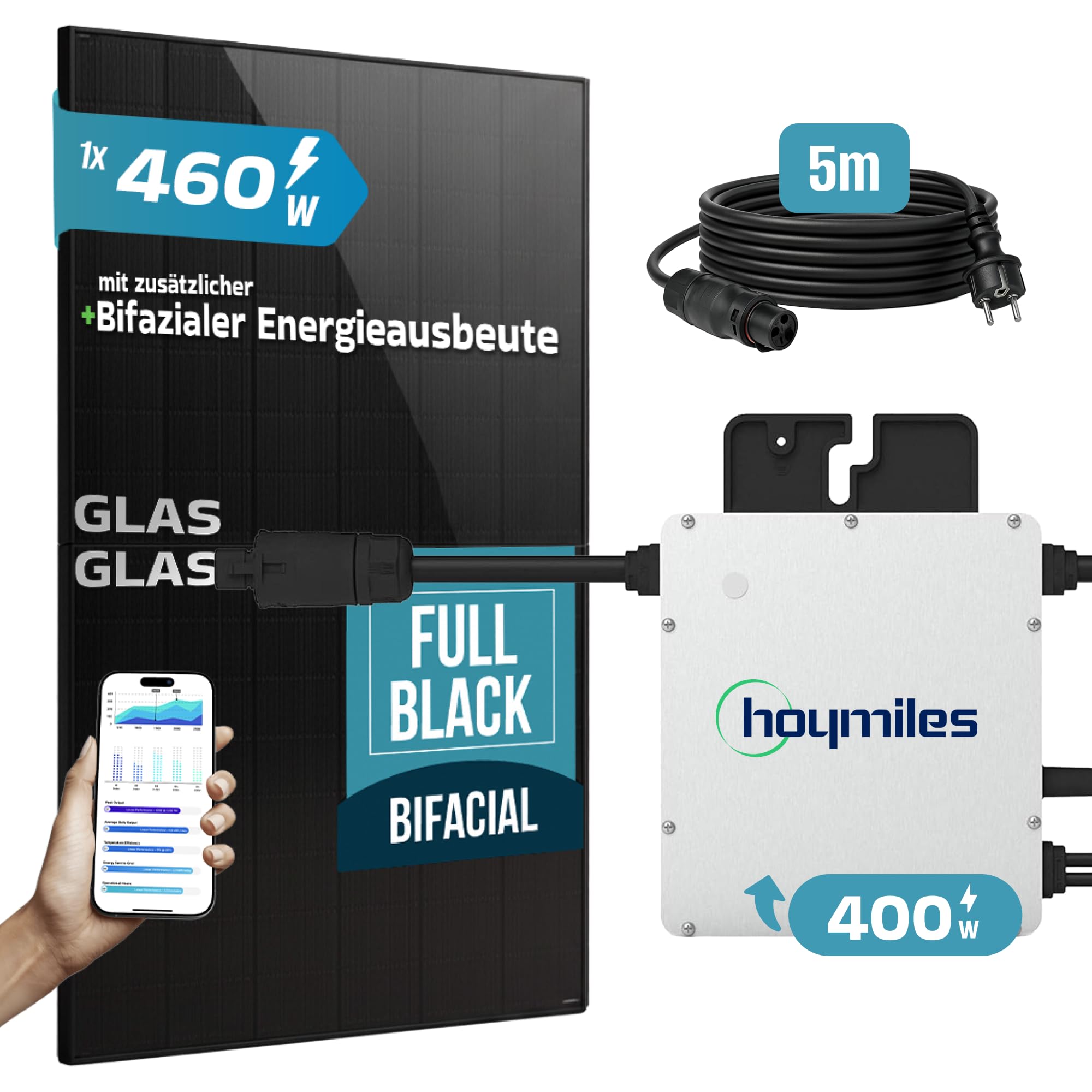 SUNNIVA® 460W Balkonkraftwerk BIFAZIAL FULLBLACK komplett Steckdose HOYMILES 400 Watt Wechselrichter, PV Solaranlage Komplettset, 1x 460W N-Type Glas-Glas Bifacial Solarmodule, 5m Kabel