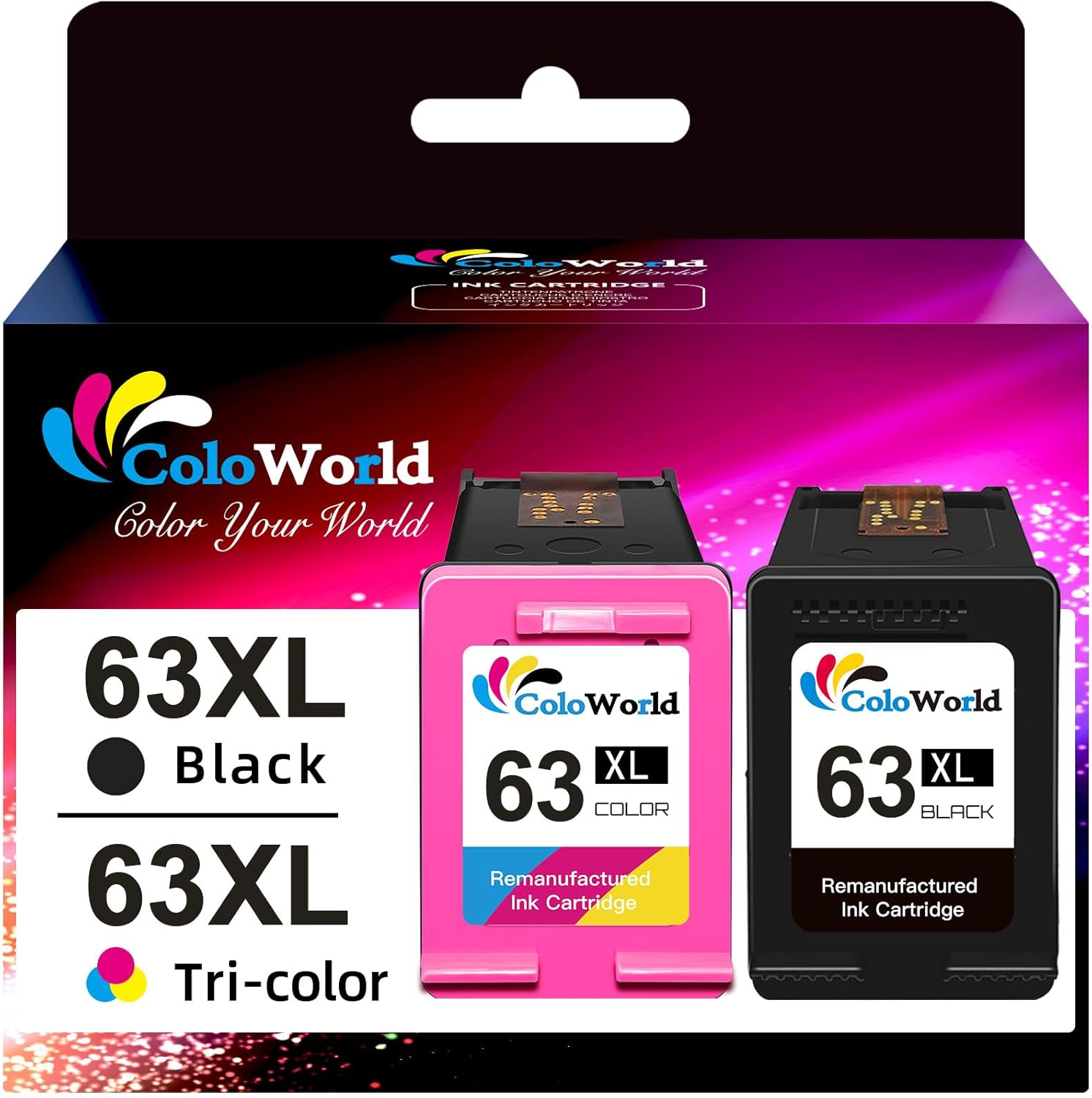 ColoWorld Remanufactured Ink Cartridge Replacement for HP 63XL 63 XL Combo Pack fit for Envy 4520 3634 OfficeJet 3830 5252 4650 5258 5255 DeskJet 3636 3630 1112 3637 Printer (1 Black 1 Color)