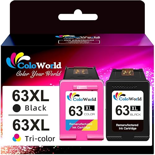 ColoWorld Remanufactured Ink Cartridge Replacement for HP 63XL 63 XL Combo Pack fit for Envy 4520 3634 OfficeJet 3830 5252 4650 5258 5255 DeskJet 3636 3630 1112 3637 Printer (1 Black 1 Color)