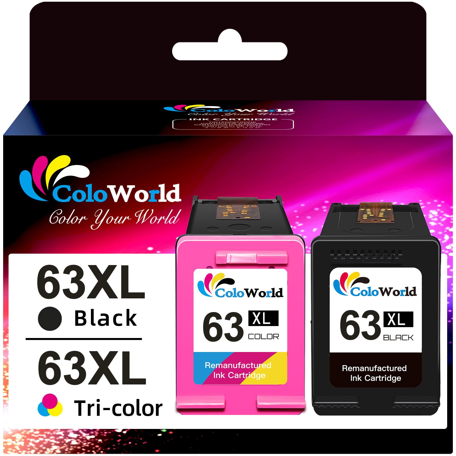 ColoWorld Remanufactured Ink Cartridge Replacement for HP 63XL 63 XL Combo Pack fit for Envy 4520 3634 OfficeJet 3830 5252 4650 5258 5255 DeskJet 3636 3630 1112 3637 Printer (1 Black 1 Color)