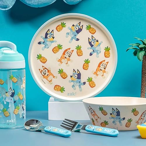 Miniatura 8 de Zak Designs Bluey - Juego de vajilla de 5 piezas, plástico duradero y acero inoxidable, incluye botella de agua, plato de 8 pulgadas, cuenco de 6