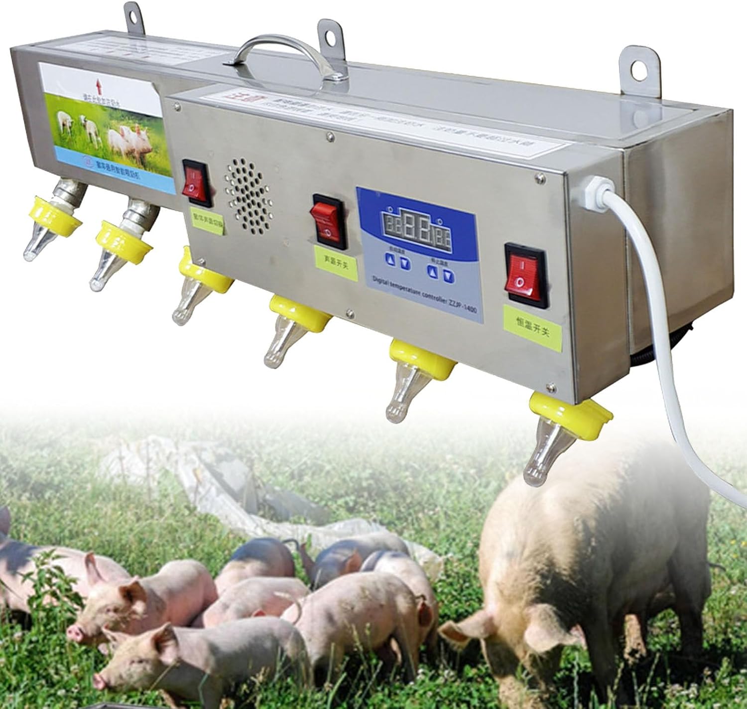 Automatic Piglet Feeding Bottle, Wall Mounted Lamb Piglet Feeder, 6 Nips, Stainless Steel Piglet Feeder for Piglets, Lambs, with Sound Simulation