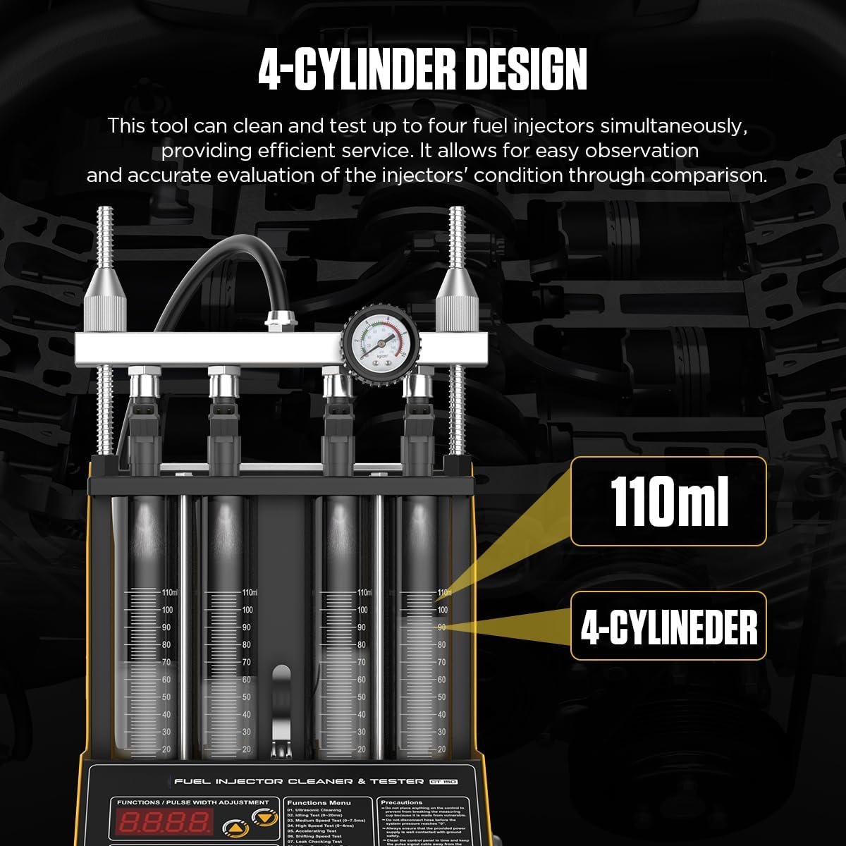 Fuel Injector Cleaner Tester, 4 Cylinder Injector Cleaner Machine, 3 Types Adapter, 3 Cleaning & 9 Testing Functions for Automotive & Motorcycle, 110V/220V,CT150