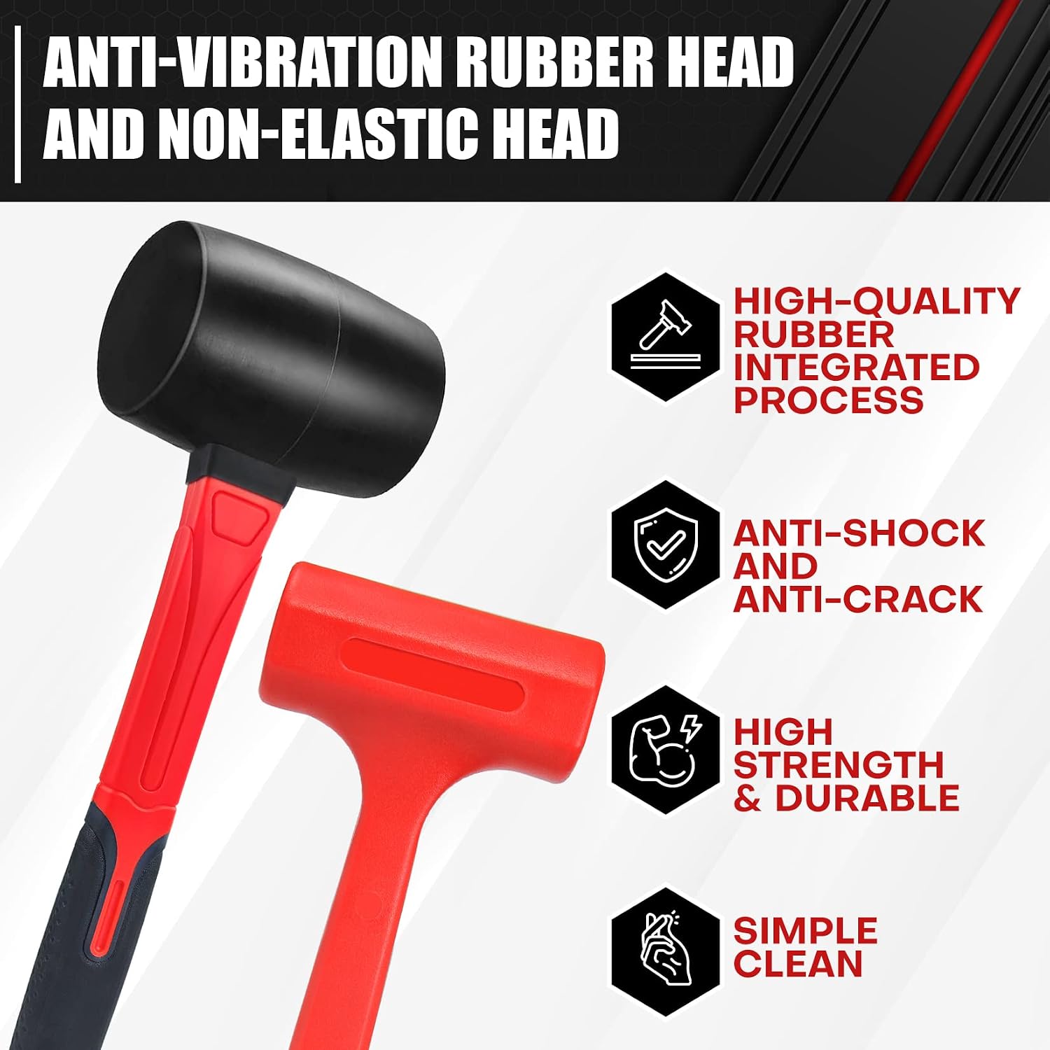C&T 2pc 16oz+1lb,Rubber Mallet Hammer–16oz,Dead Blow Hammer-1lb,Black and Red,Unibody Molded | Soft Blow Tasks Without Damage| Spark And Rebound Resistant,Fiberglass Handle