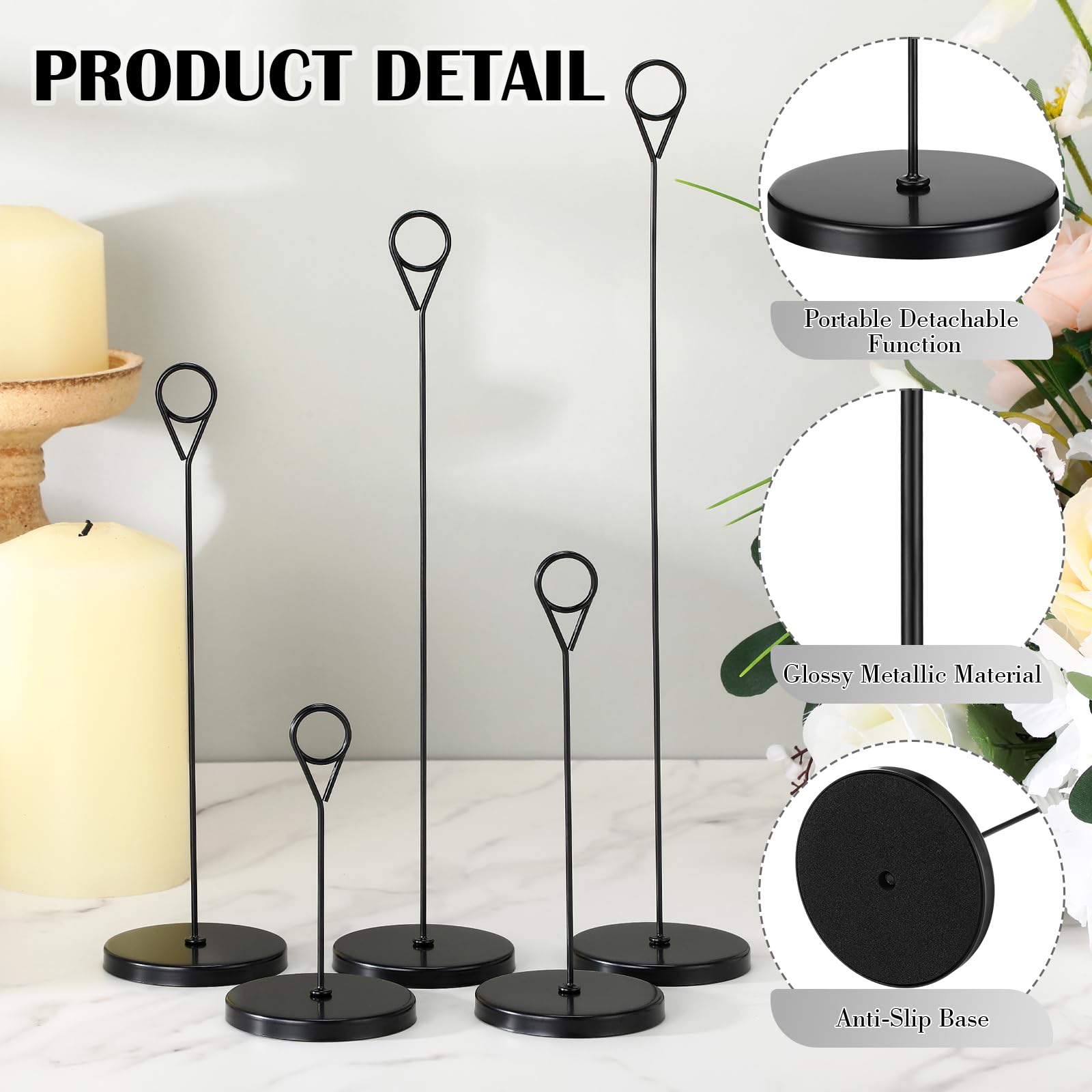 Faccito Lot de 10 supports amovibles en métal pour numéro de table, 5 tailles, nom, menu, note, photo, panneau de table pour mariage, anniversaire, fête (noir)