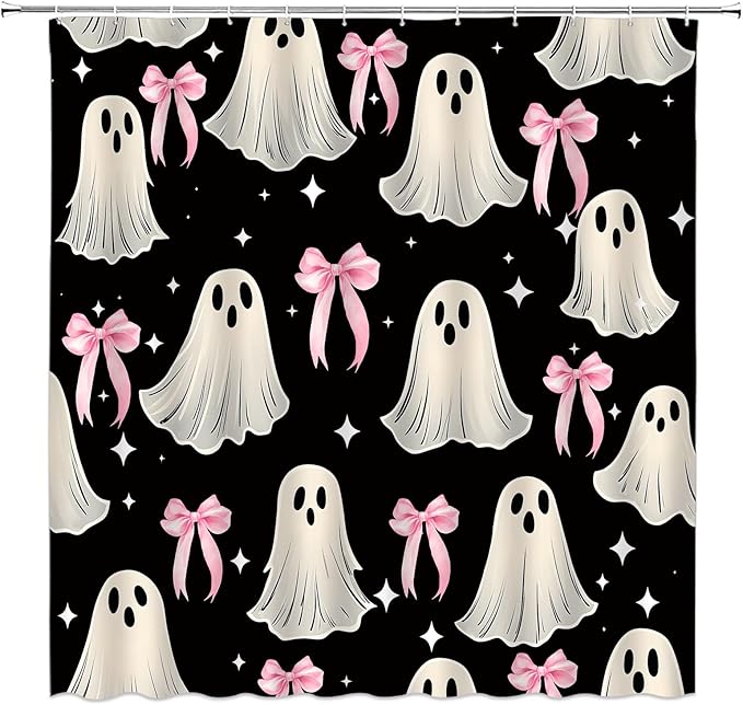 Halloween Ghost Shower Curtain,Cute Spooky Bow Festival Black White Pink Polyester Bathroom Curtain with 12 Hooks,Bathtub Home Decor,70x70 Inch