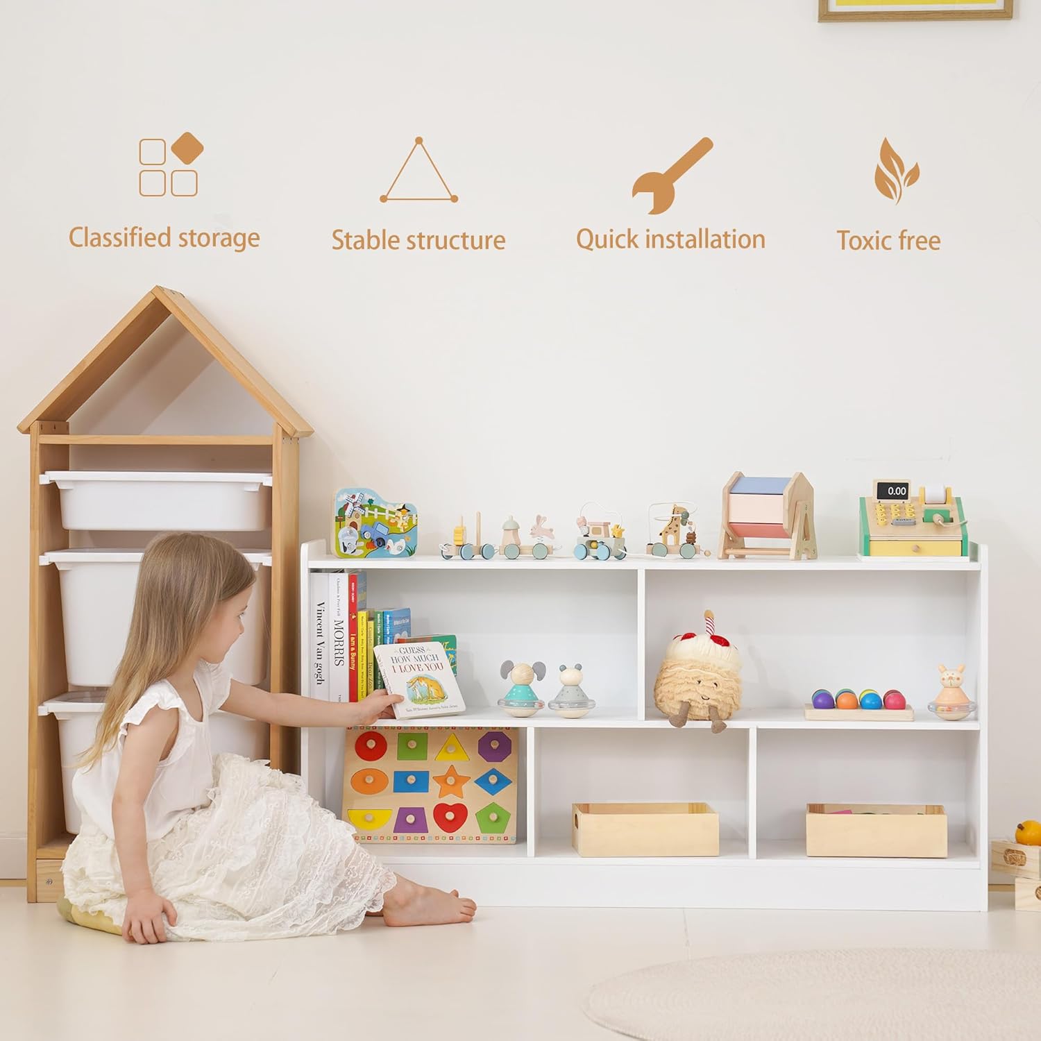 5-Section Wooden Toy Shelf for Kids, Montessori Shelf Storage with Open Shelving & Customizable Layout | Safe, Sturdy Design for Kids Room, Classroom & Playroom White - Image 4