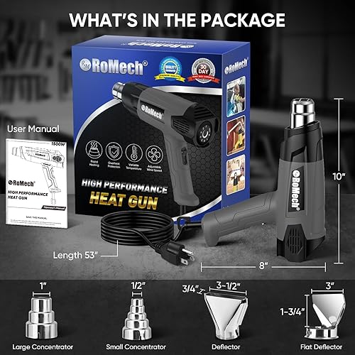Miniatura 7 de ROMECH Pistola de calor resistente de 1500 W, kit de pistola de aire caliente con control de temperatura variable con 2 caudales de aire de 120 F a