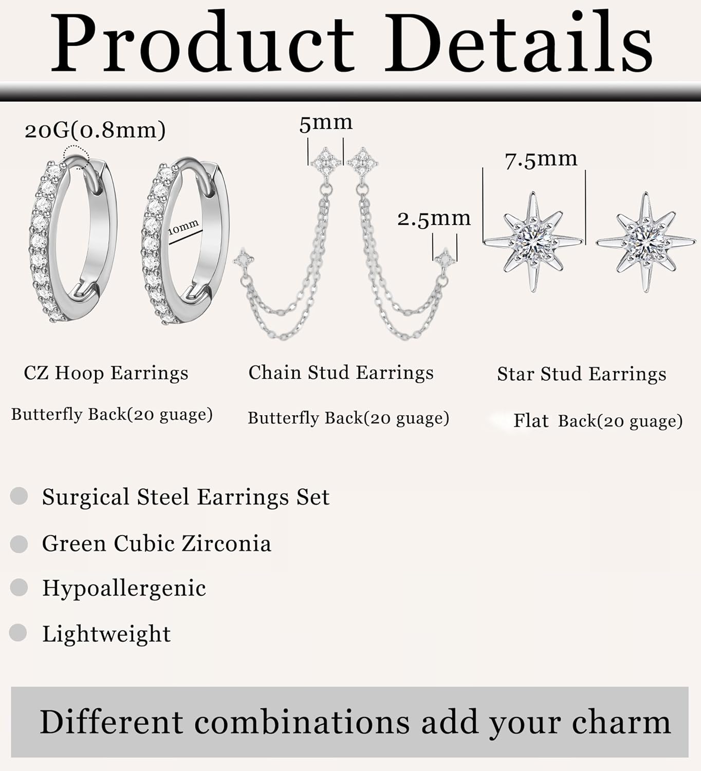 Gold Stud Earrings for Women Hypoallergenic Flat Back 14K Gold Cartilage Chain Earrings Stacks Sets for Multiple Piercing Surgical Steel CZ Huggie Hoop Earrings for Women - Image 5