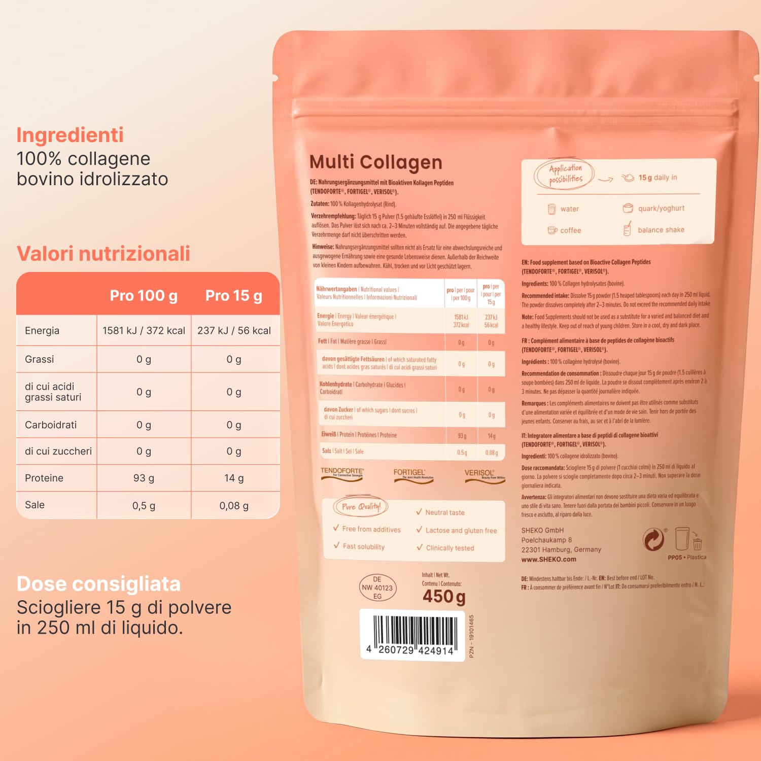 SHEKO Collagene Idrolizzato 450g - Natural Bioactive Collagen Powder - Peptidi di tipo 1, 2, 3 - Collagene in polvere - Qualità purissima - Solubilità ottimale - Proteine in polvere