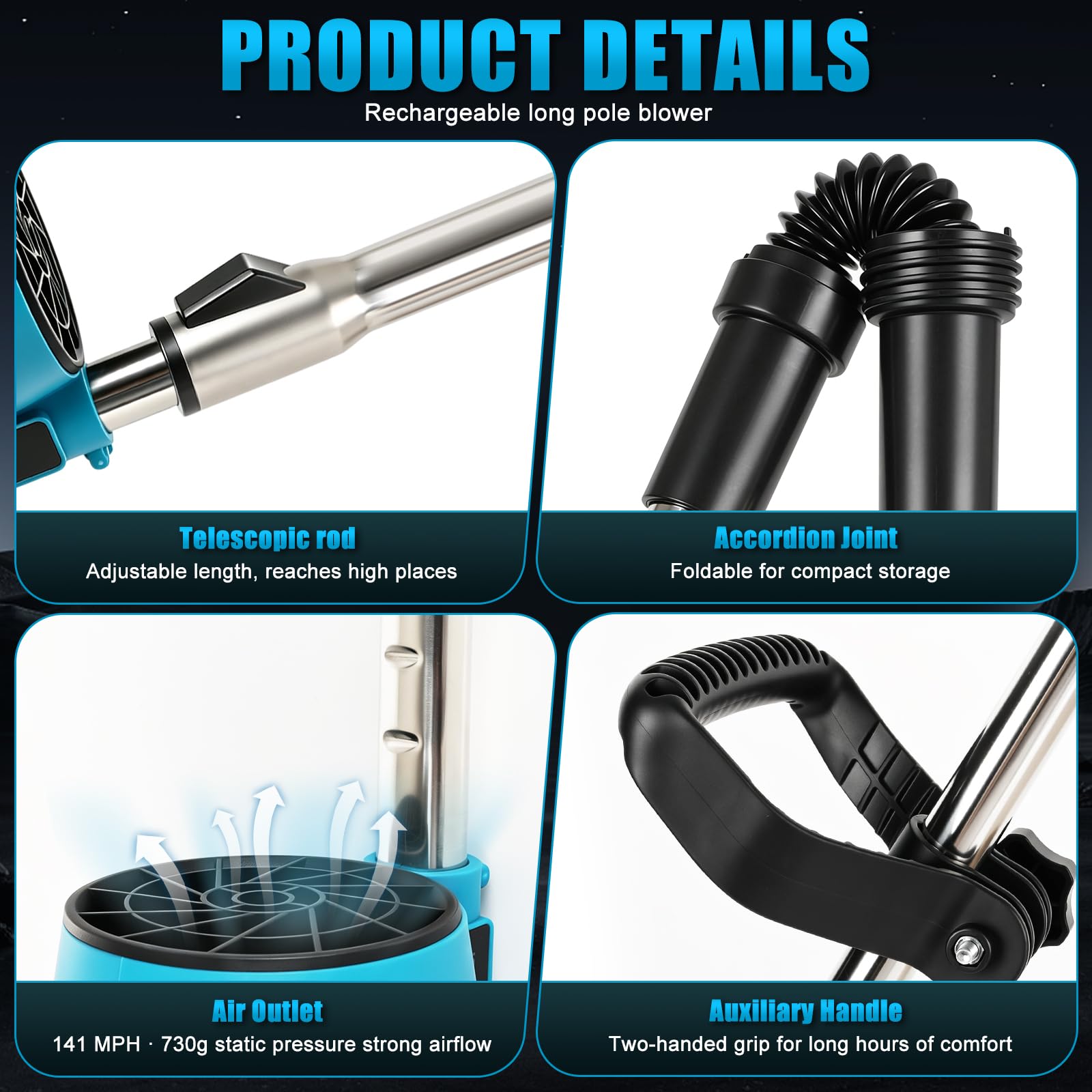 Soffiatore per foglie a batteria compatibile con Makita 18V | Velocità aria 63 m/s, Pressione 750 g, per Foglie, Neve, Polvere e Detriti