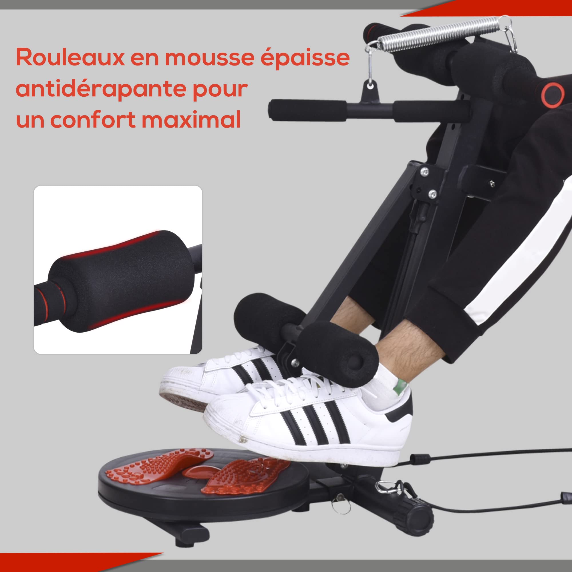 HOMCOM Banc de musculation banc pliable de fitness avec oreiller multifonction sit-up entraînement abdominaux bras dossier hauteur réglable à 3 niveaux acier 53 x 166 x 52-60 cm noir rouge