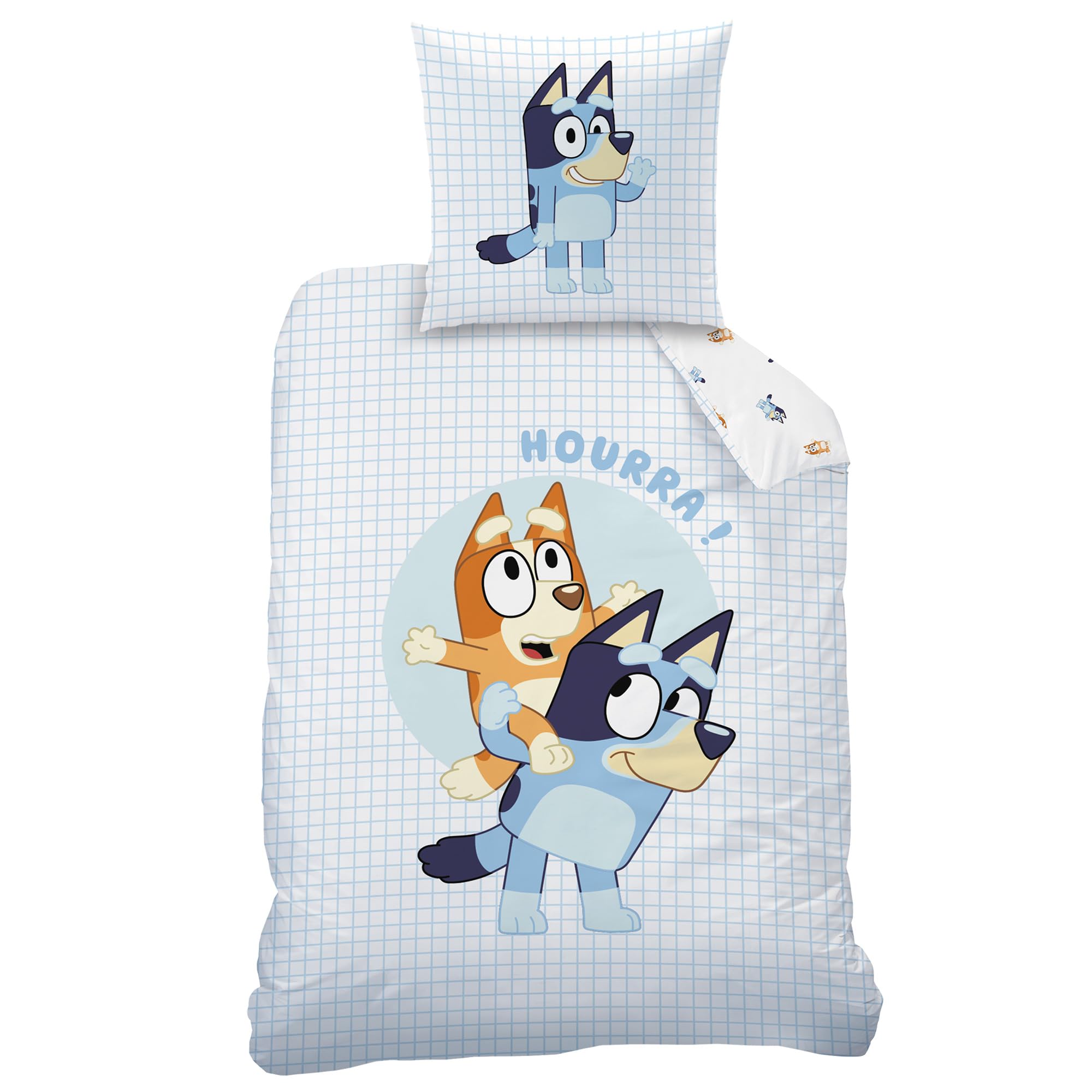 Bluey Hourra Parure de lit imprimée 100% coton - Licence officielle | Housse de Couette 140x200 cm + 1 taie 63x63 cm | Fermeture avec rabat | Chambre enfant, lit 1 place | Certification Oeko-Tex