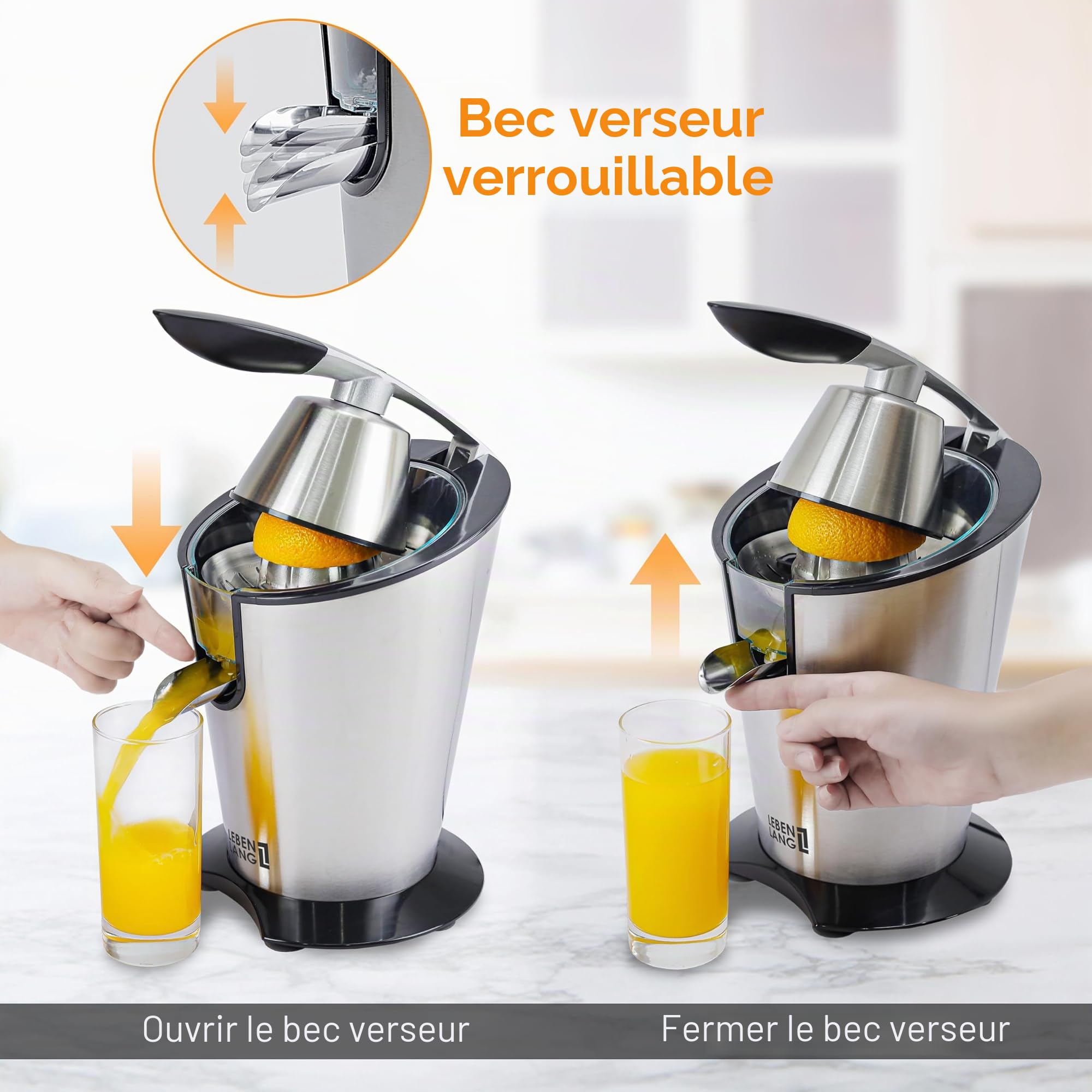 LEBENLANG Presse agrume electrique 600W - Cône en acier inoxydable & sans BPA I Presse-agrumes électriques I Juicer orange machine Presseur agrumes electriques Jus de fruit d'orange automatique