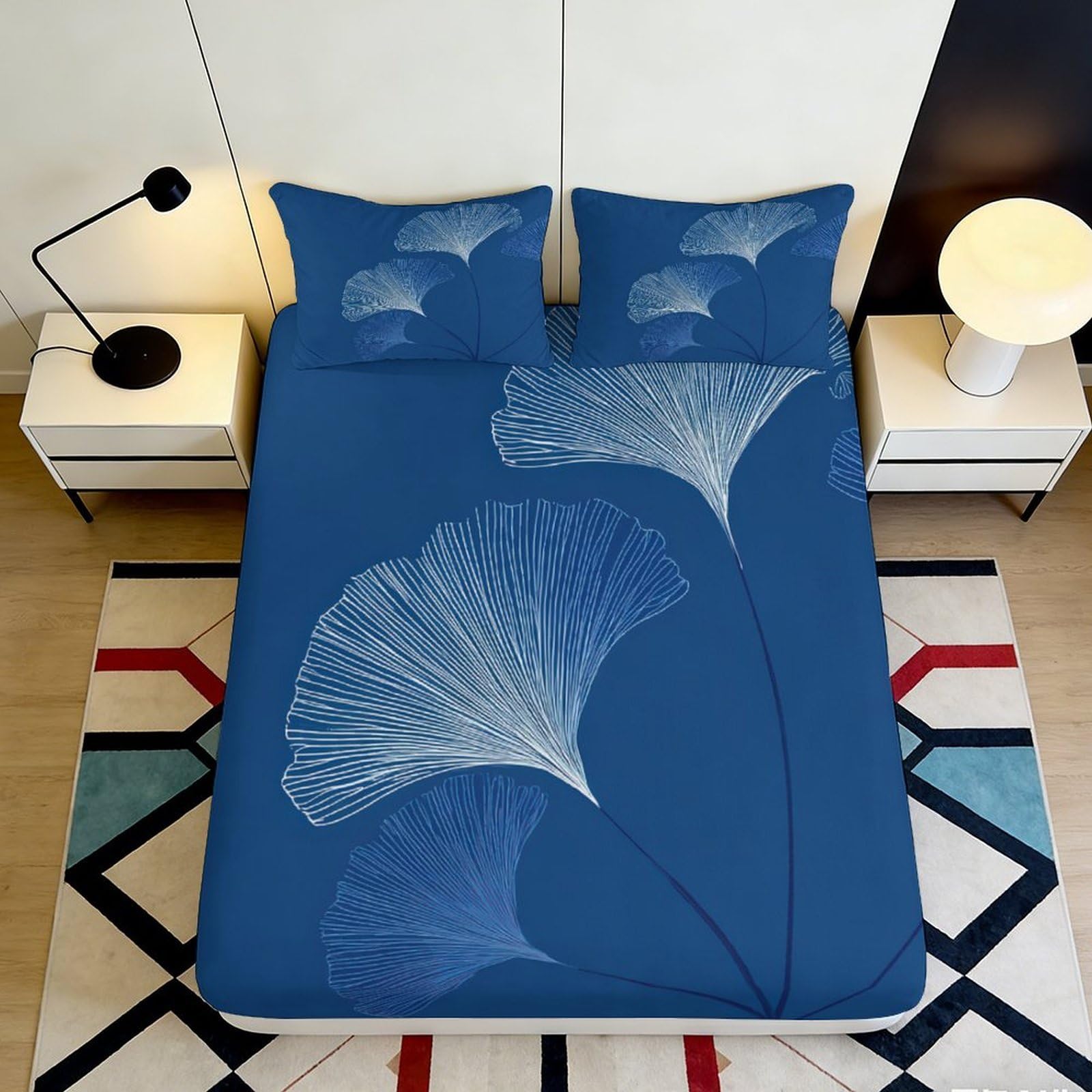 3D Printed Blue Ginkgo Leaf Fitted Sheet Microfiber Soft Breathable Botanical Mattress Cover Bedroom Dorm Decor 160x200x25cm