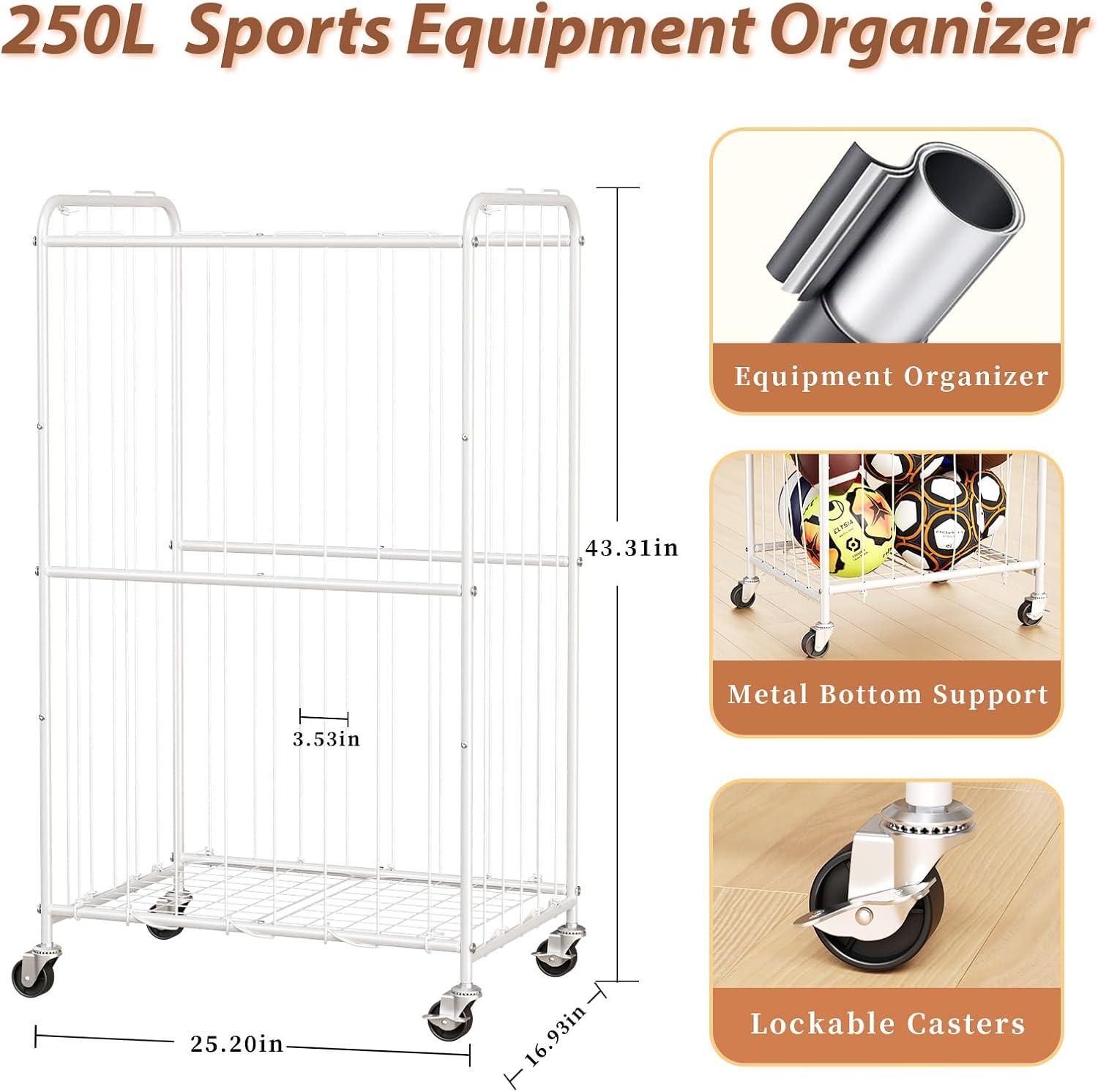 300L Rolling Ball Organizer with Locking Wheels - Large Sports Storage Basket for Basketball Soccer Football Volleyball, Steel Garage Equipment Cart with Elastic Rope for Household Storage