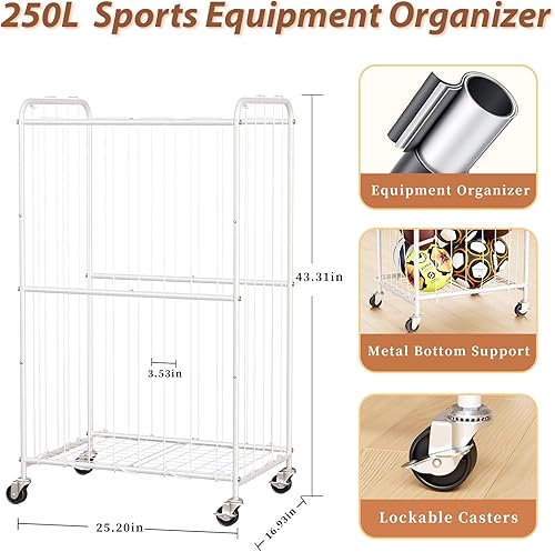 Miniatura 3 de Organizador de bolas rodantes de 300L con ruedas de bloqueo, cesta de almacenamiento grande para baloncesto, fútbol, fútbol, voleibol, carrito de