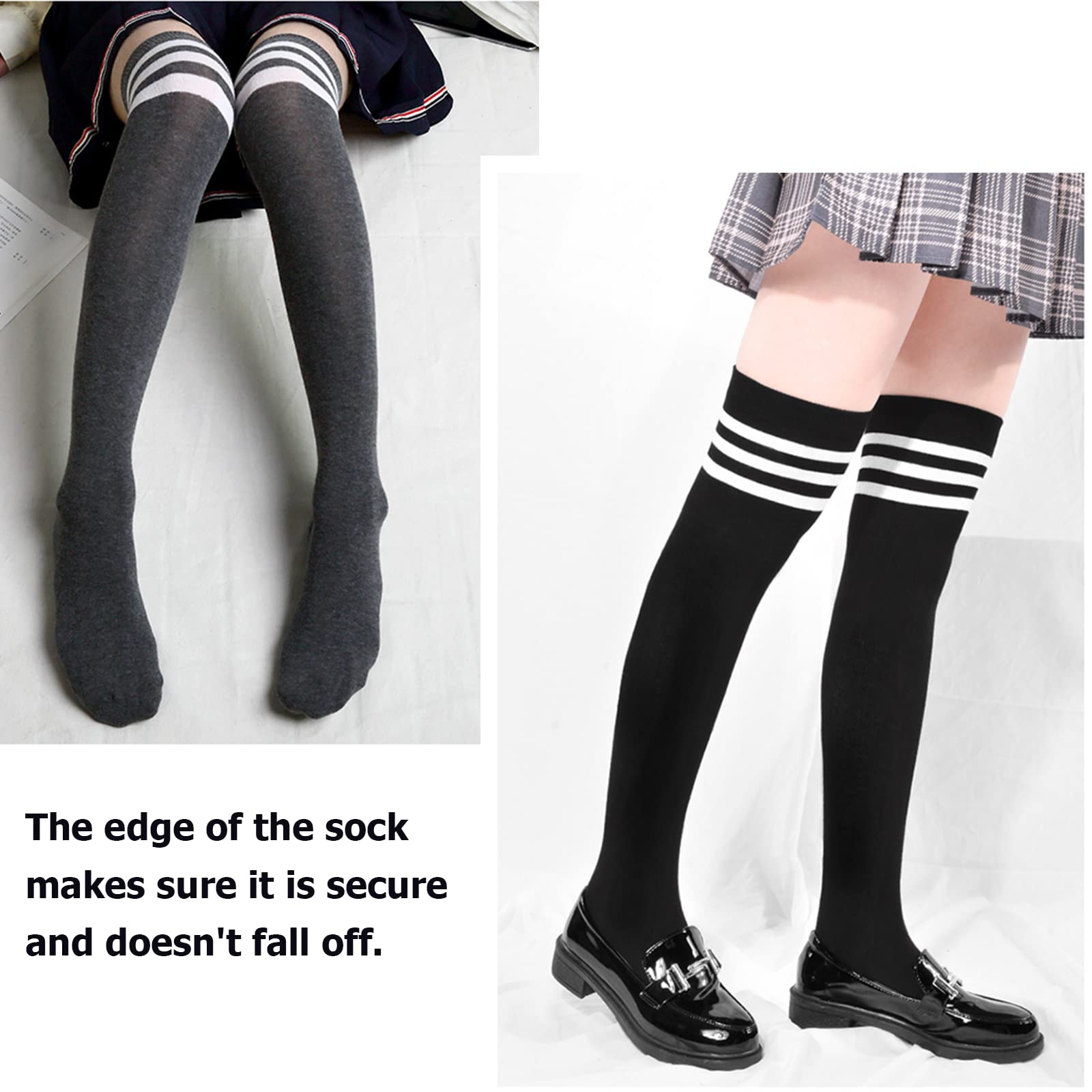DRESHOW 3 Pairs Thigh High Socks Striped Over Knee Thin Tights Long Stocking Knee High Leg Warmer: 3 Pairs A: White/Dark Grey/Black
