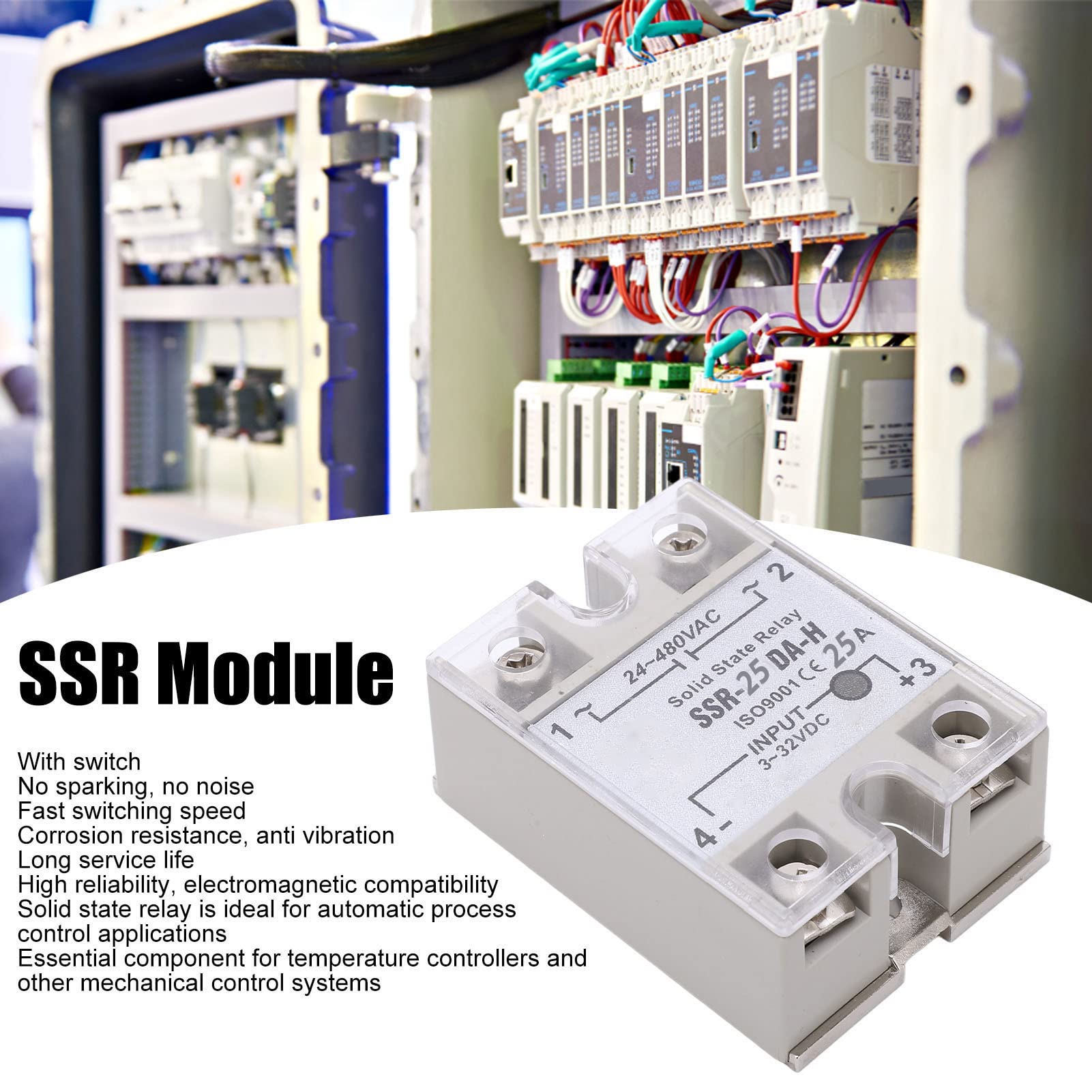 Solid State Relay, 1 Phase SSR Voltage Regulating 25A AC24?480V Control Voltage 3?32VDC, Fast Switching Speed High Reliability SSR Ideal for Process Control Applications