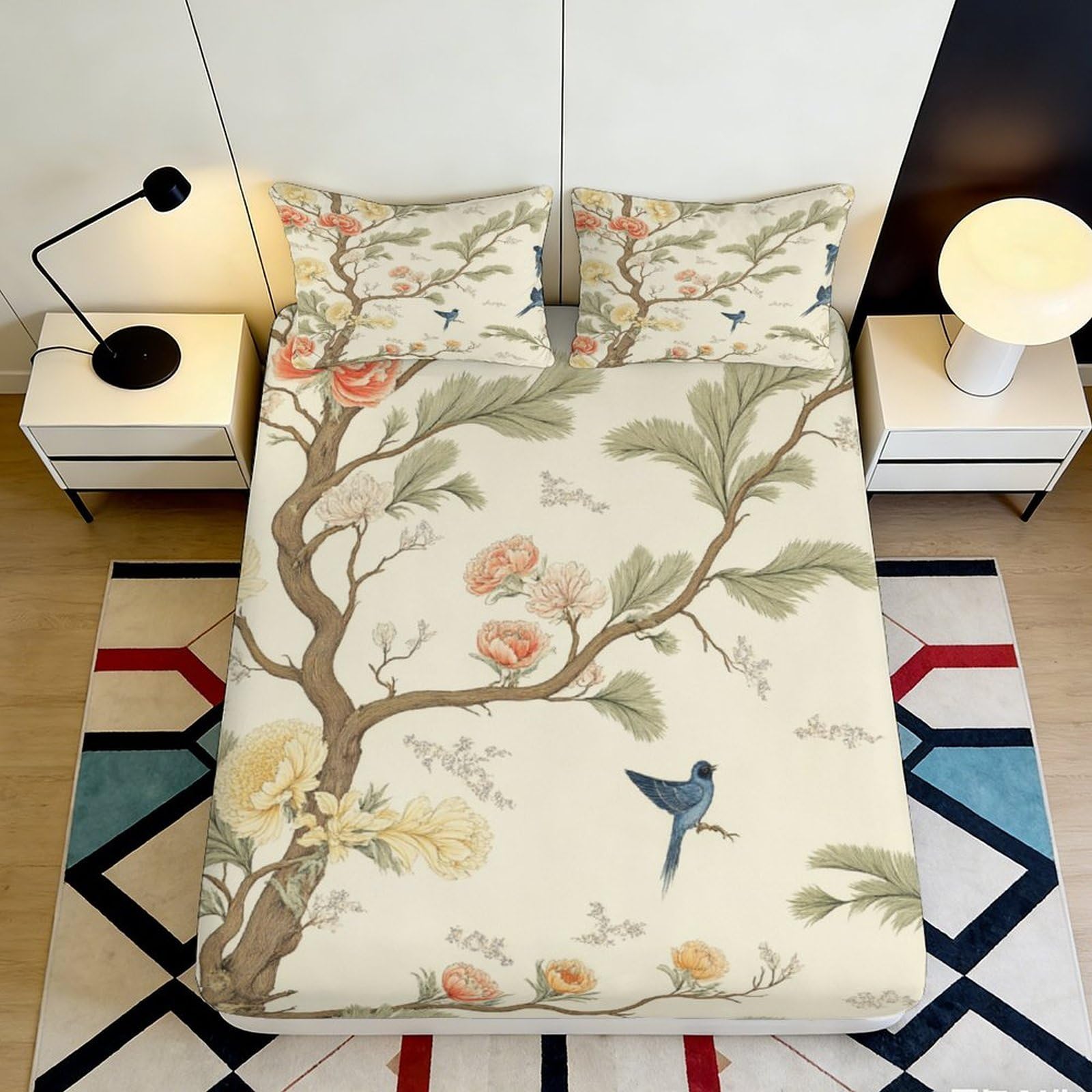 Jqzkxnhpbr Style-4 3D Printed Chinese Bird Fitted Sheet Microfiber Soft Botanical Tree Mattress Cover For Bedroom Guest Room Decor 90X200x25cm