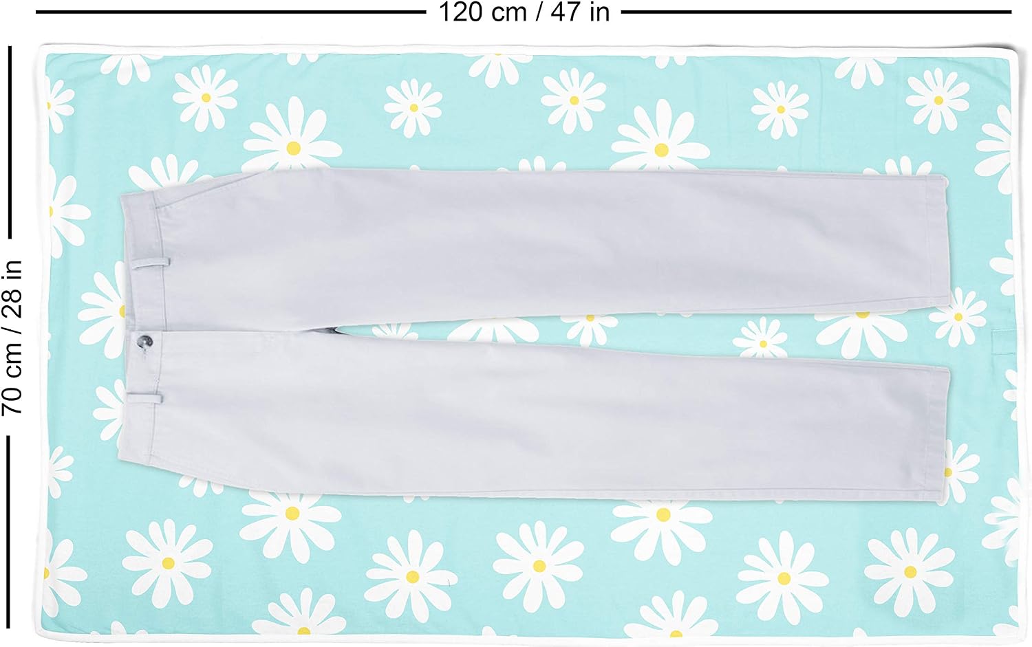 Encasa Homes Ironing Mat/Pad (Large 47 x 28 inch) with 3mm Padding & Silicone Iron Rest for Steam Pressing on Tabletop or Bed - Heat Resistant, Portable, Quilting & Travel Blanket - Daisy Blue